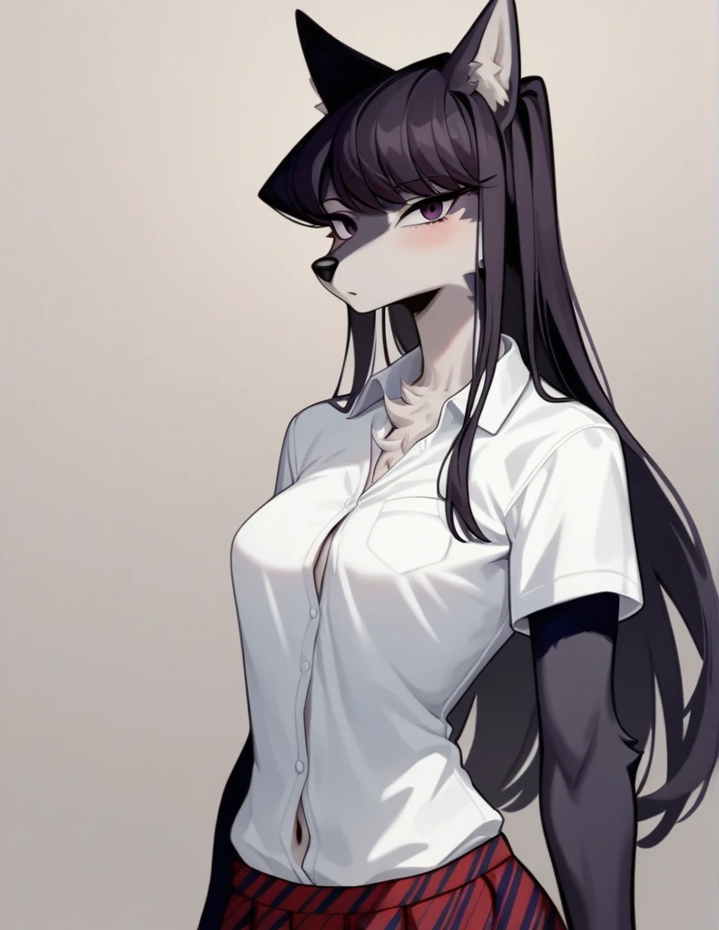 score_9,score_8_up,score_7_up, source_anime, source_furry, Anthro furry wolf girl, Komi Shouko, she is an Anthro furry black wolf, black furry body, wolf snout, black nose, tall and skinny, small breasts, wearing , at a Japanese school, 