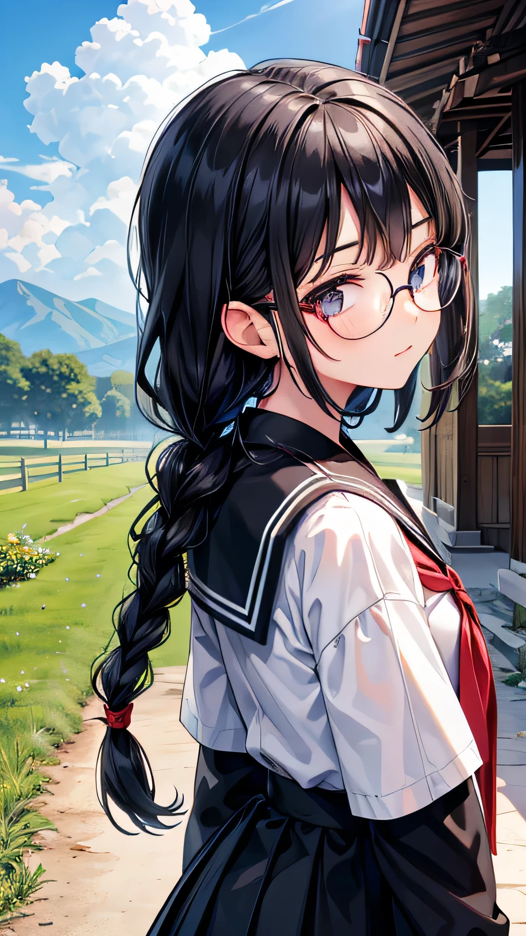 Adult features Black Hair 1 braid Expressionless tall Glasses Black Sailor Suit Nagoya collar Long Skirt Rural classroom Cross your arms look back
