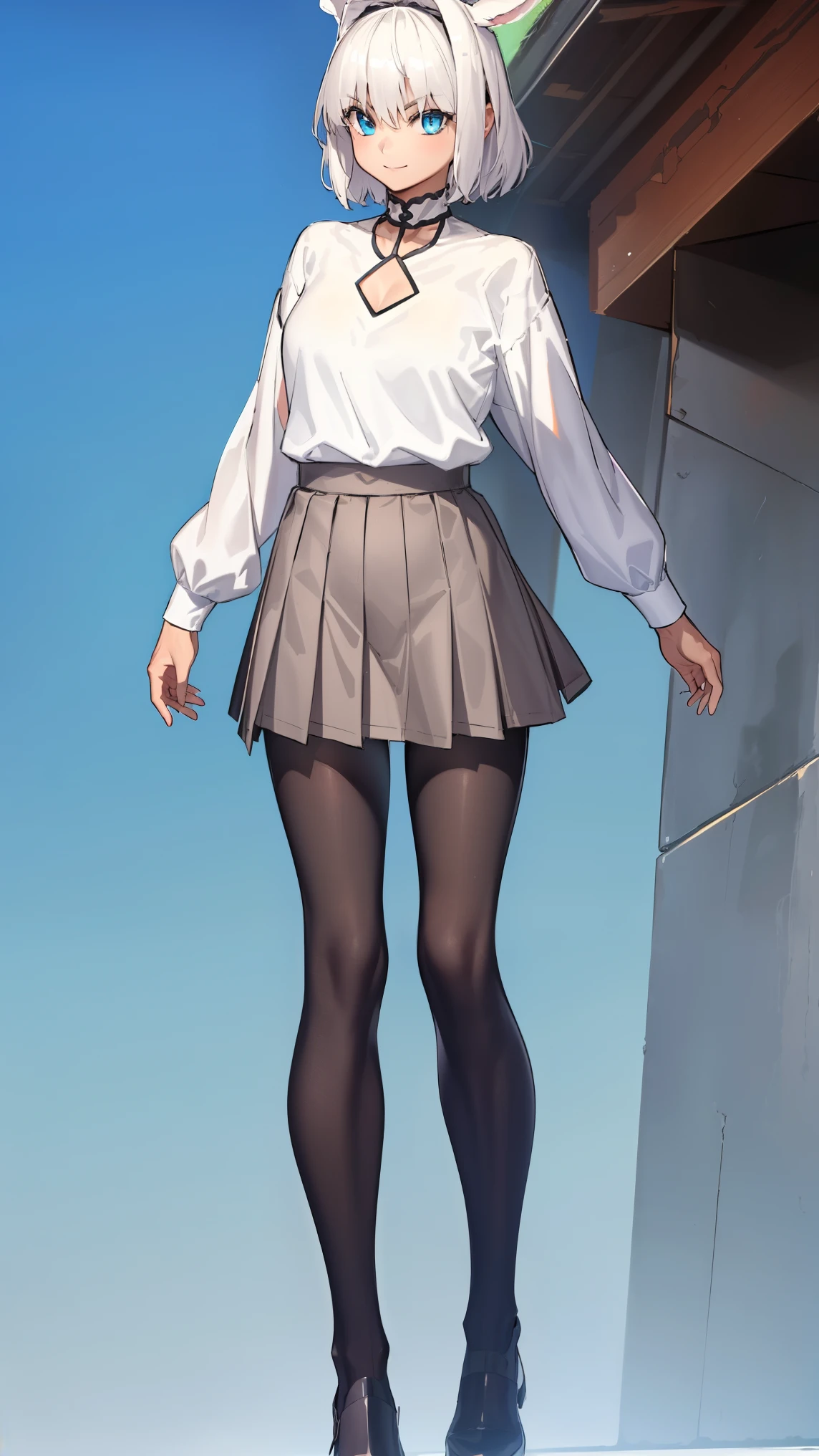 caenis,( fgo stage 3), 1girl, smile, short hair, white hair, bangs, red eyes, animal ears,
BREAK (pleated skirt, silk stockings, silk pantyhose:1.2)
BREAK from_front,(blue background:1.3),(full body:1.4),arms at sides,
BREAK (masterpiece:1.2), best quality, high resolution, unity 8k wallpaper, (illustration:0.8), (beautiful detailed eyes:1.6), extremely detailed face, perfect lighting, extremely detailed CG, (perfect hands, perfect anatomy),