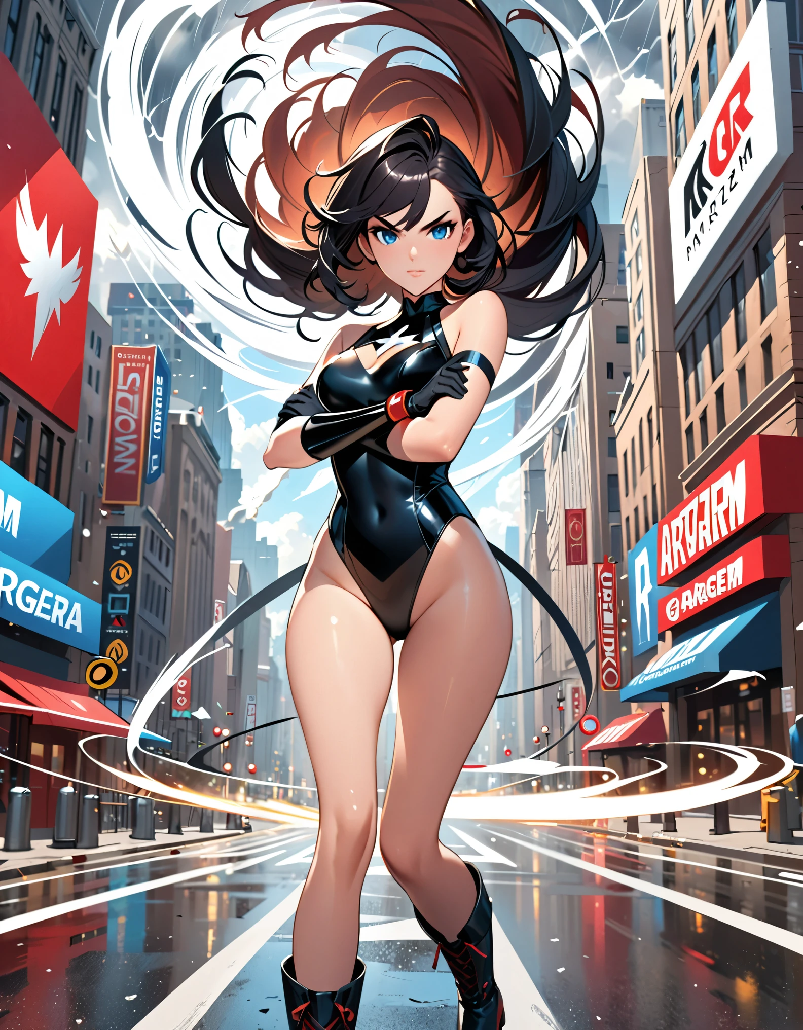 anime girl in a red and black suit twirling around in place on a city street, (fast spin, dynamic spin pose, standing straight, less together), (spinning into a tornado), (spinning in place like a tornado), see-through tornado in front of her, (crossed arms, extremely detailed artgerm, style artgerm, style ivan talavera and artgerm, krenz cushart and artgerm, range murata and artgerm, artgerm style, in the style artgerm, ig model | artgerm, artgerm detailed, black hair, long hair, medium hair, ahoge, blue eyes, ((leotard)), bare legs, matching boots and gloves, superhero, bracelets, solo, solo focus, curved sword slash