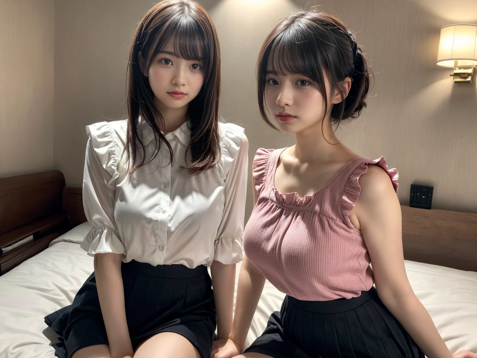 masterpiece, best quality, illustration, Super detailed, fine details, High resolution, 8K,wall paper, perfect dynamic composition,(Details High quality, realistic depiction of eyes:1.3), (2 girls), pink frilled shirt blouse, Black Frilled skirt, sitting, open legs, short bob hair, in a hotel room in the background, deep on field, large breasts, black hair color, Big Natural Color Lip, (perfect body shape), crying a little、Harajuku style、20 year old girl、cute type、beautiful legs, Gravure Idol