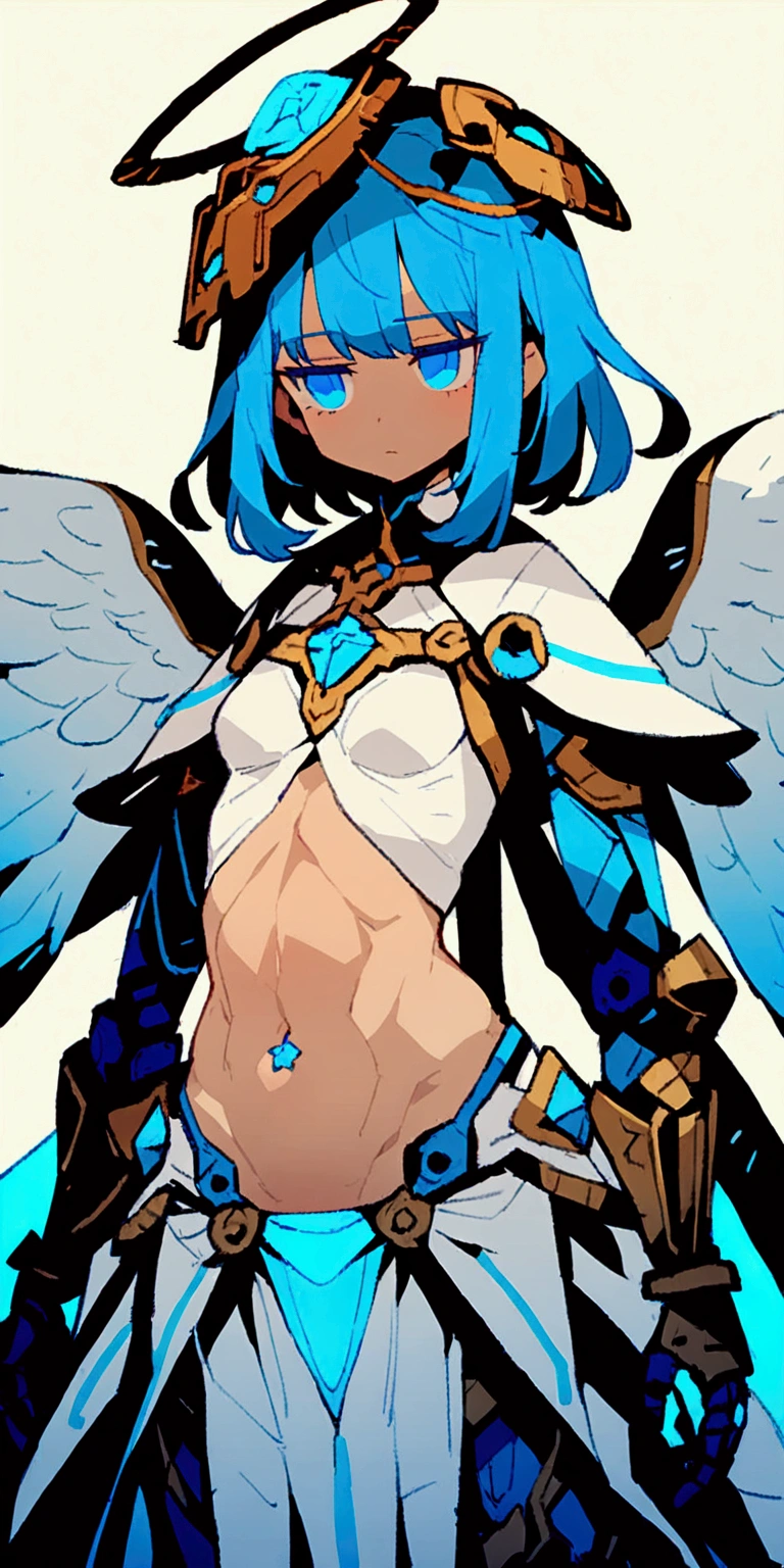 Angel Girl、alone、White Cape、light blue pareo、Short top、Toned Abs、belly button、White and light blue multicolored hair、Medium Hair、Super detailed、Highest quality、masterpiece、jitome、Expressionless、Glowing blue eyes、Mechanical Arm、Gauntlet、cyborg、neon、cartoon、toned body、Ring on the head、Angel Wings