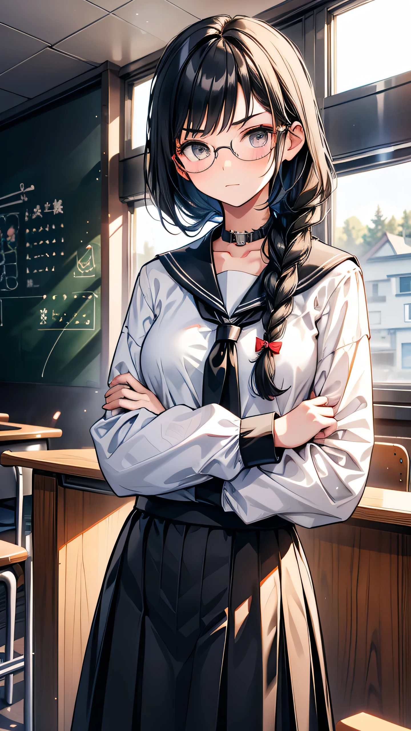 high school student　Mature　Braid on right shoulder　Black Hair　tall　Narrow eyes　Glasses　Expressionless　Glare　frivolous attitude　Country-style black sailor suit　Nagoya collar　Long skirt　stand　Cross your arms　Rural classroom