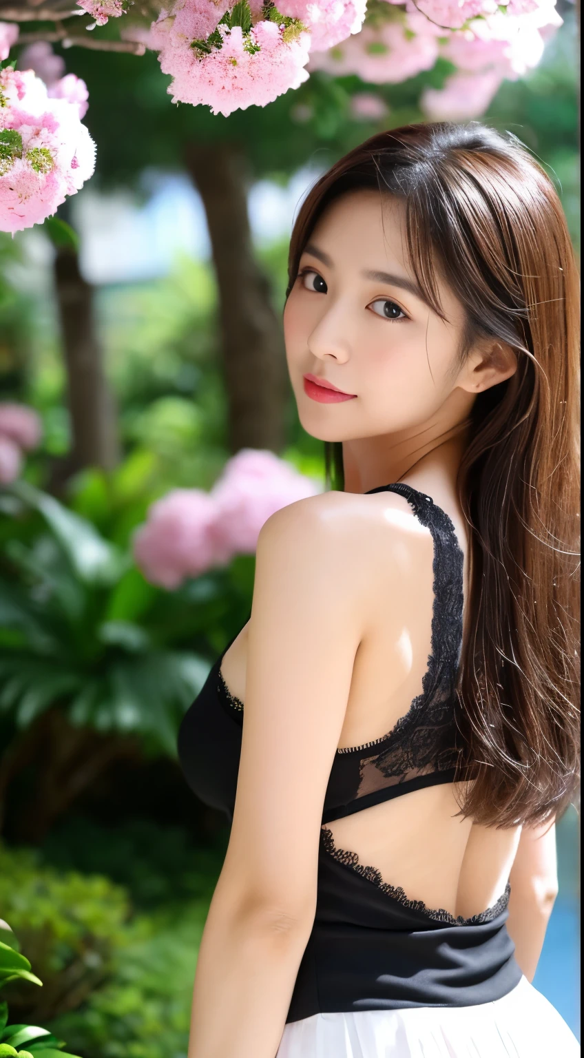 Dark brown hair、Light brown eyes、Japanese actress、 Lady、I am about 25 years old..、(Intricate details:1.2)、(Which one is on top??:1.4)、 (Ultra-high resolution:1.2)、Ultra-high resolution、(Finely tuned)、(Detailed facial features)、Hmph、8K resolution、D cup size breasts、Long Hair、Blocks sunlight and shade、A balcony with a resort feel、Pink flowers are decorated in the background、Pink flowers blooming in a resort area、Decorate your ears with deep pink flowers、white wall、white floor、Full body photo、Head to toe shot、Beautiful legs、white　One piece with a wide open back、Blackpink Jenny　私 took this photo with the image of、Beautiful legs、she, Fashion Hub, Extreme Detail, Very detailed, Realistic, Hourglass-shaped body, Obscene pose、Lift your chin a little、Please open your mouth a little、Poses that make you feel weak、Are crying、Deep sorrow、Leaning against a wall、