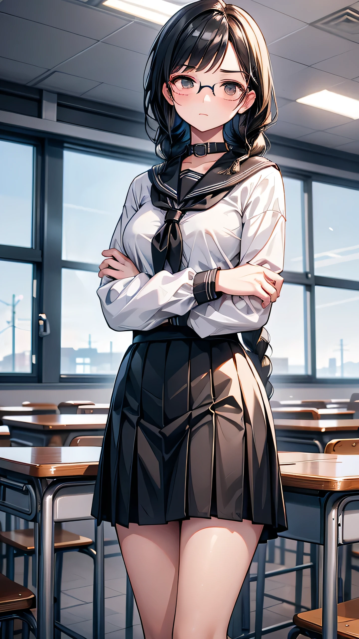 high school student Mature Braid on right shoulder Black Hair tall Narrow eyes Glasses Expressionless Glare frivolous attitude Country-style black sailor suit Nagoya collar Long skirt stand Cross your arms Rural classroom