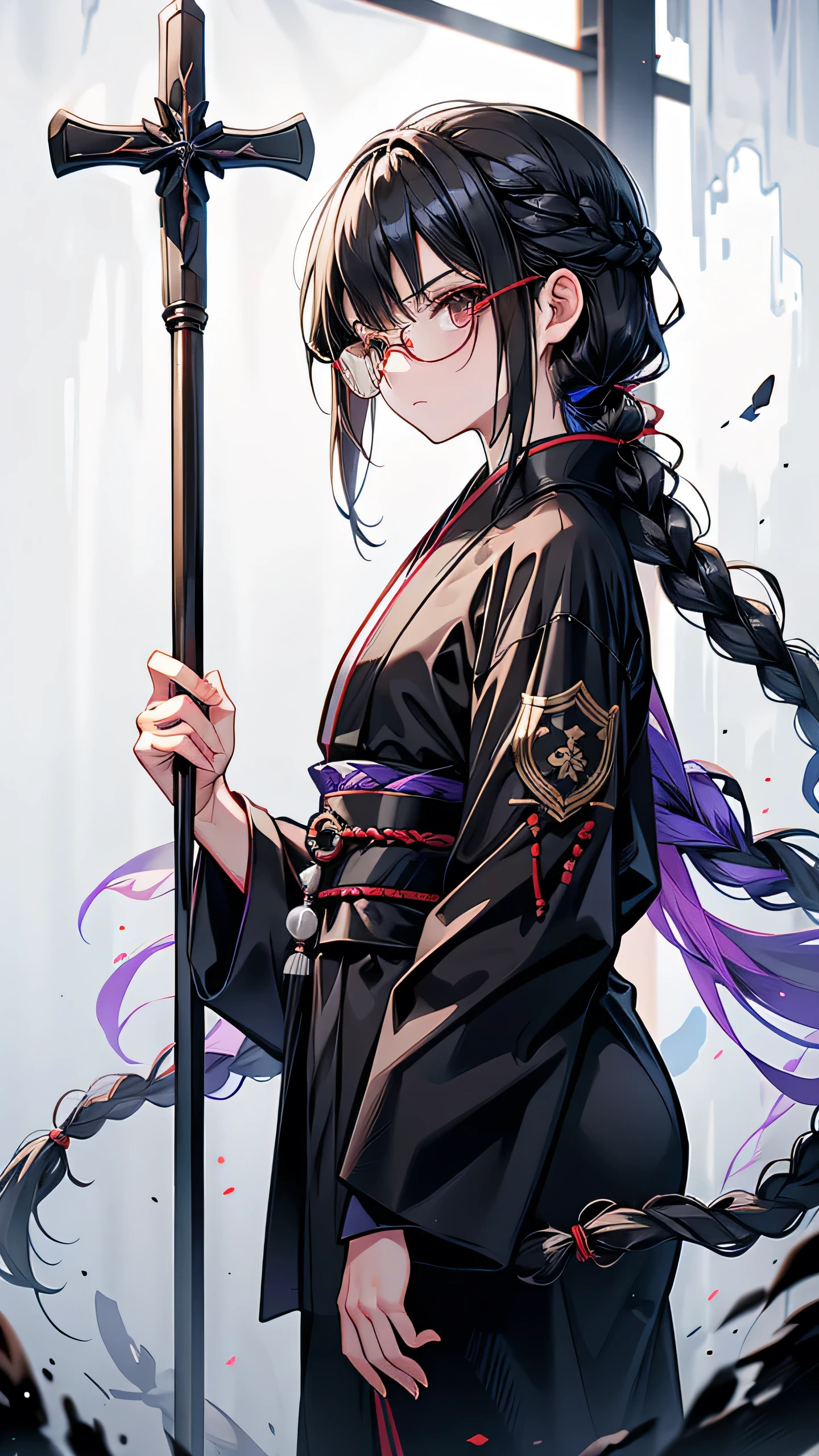 mature Braid on right shoulder Black Hair expensive Narrow eyes Glasses Expressionless Glare frivolous attitude Japanese priest Black Robe Void Priest Staff Prayer beads battlefield