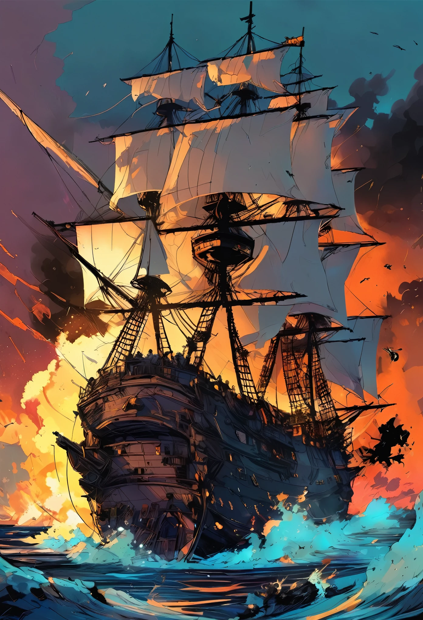 inkpunk, Battle between pirates and navy, navy soldiers and pirates killing each other on a burning ship, collapsing ship, dead bodies, close-ups,