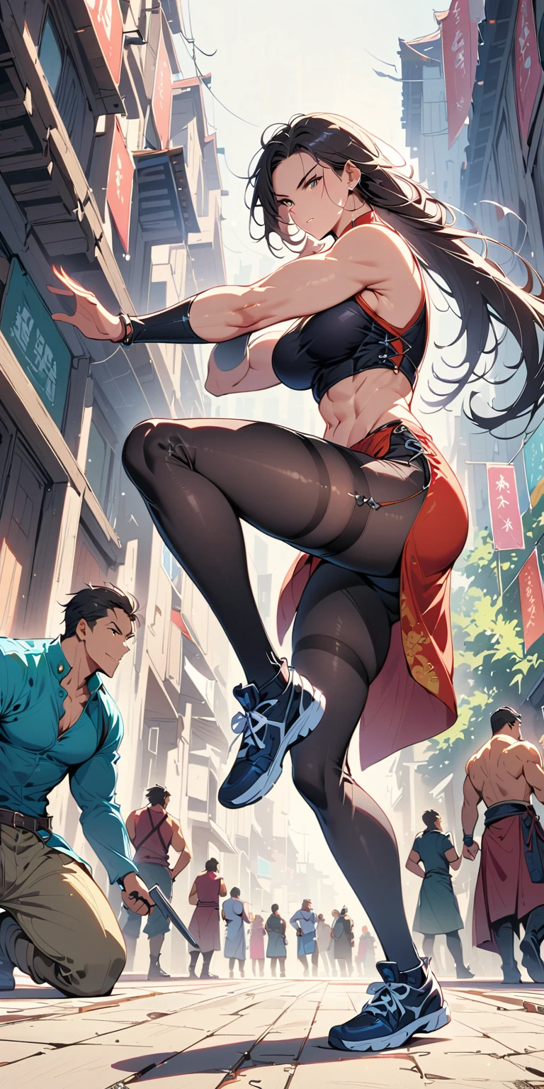 tall beautiful  muscular woman and doing a knee strike, six pack, no men in background , Chinese dress crop top,  wearing leggings and thigh highs, full body portrait