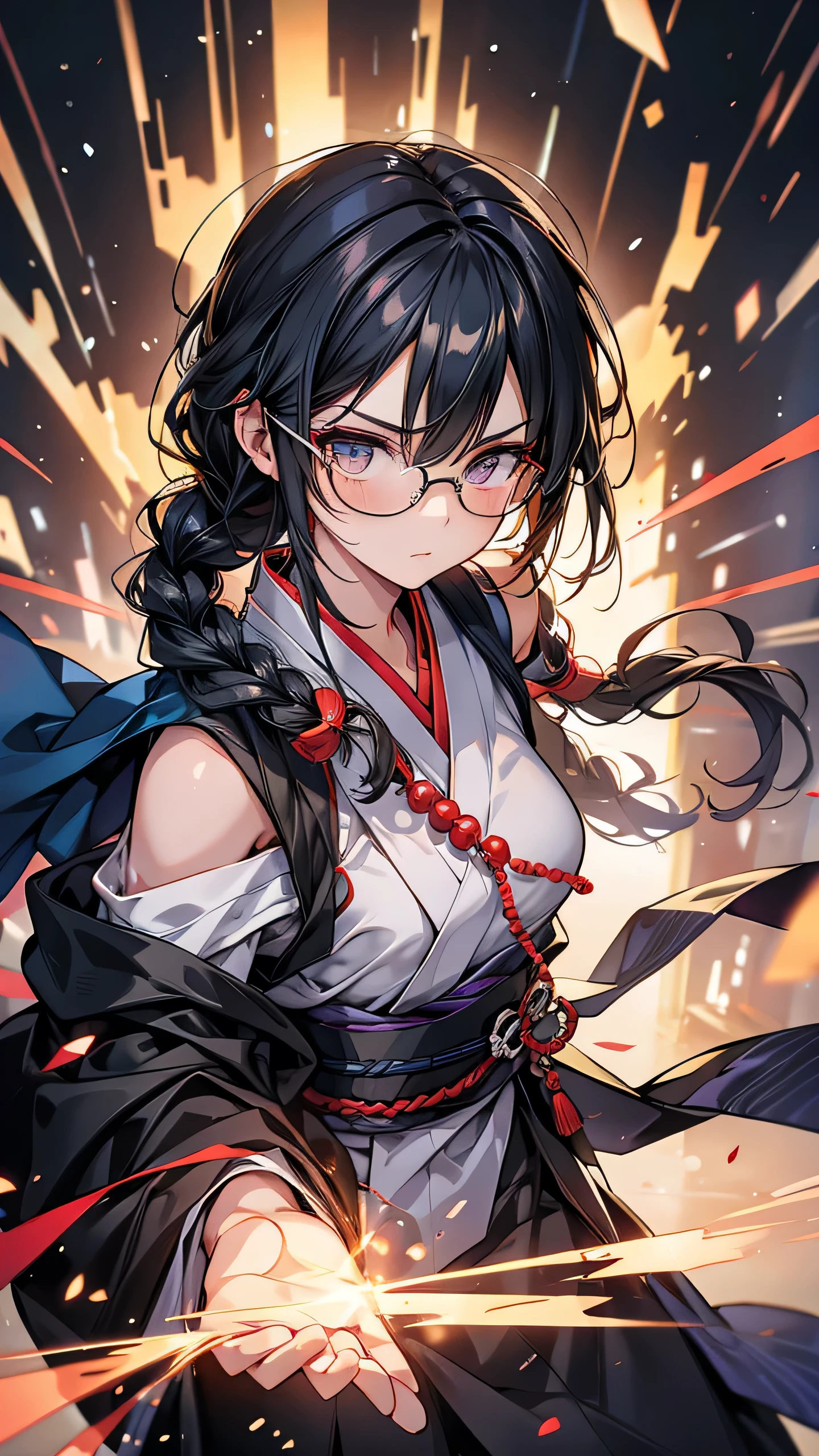 mature　Braid on right shoulder　Black Hair　expensive　Narrow eyes　Glasses　Expressionless　Glare　frivolous attitude　Japanese priest　Void Priest　Holding a tin cane　Kesakake　Holding a rosary　battlefield