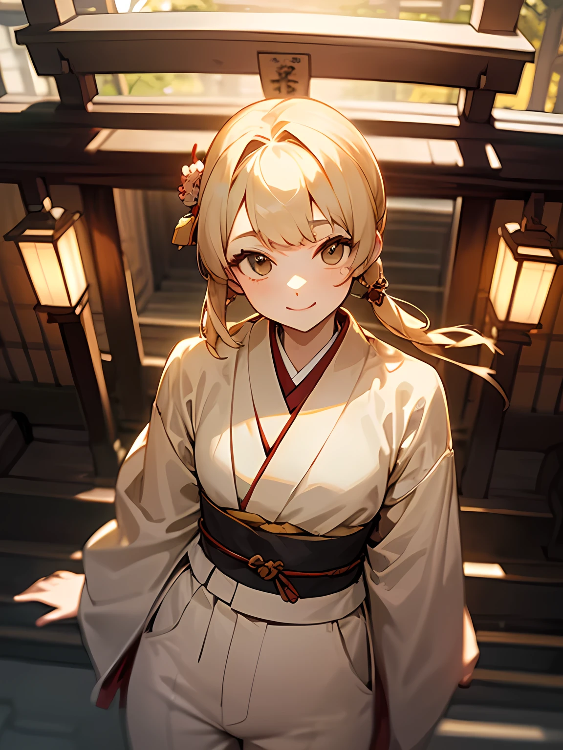from above:1.3,((I am the main character)), model pose,solo, upperbody, beige hair color, asymmetrical bangs, long sideburns, white Japanese clothes, Japanese-style white mini pants, smile, ribbon hair ornament, evening, Japanese shrine, precincts