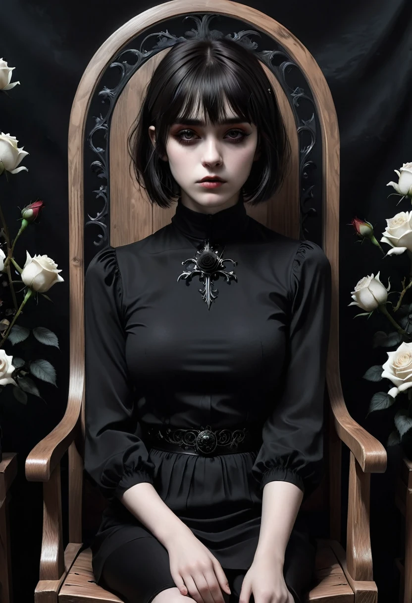 Dark,look close corner face camera , a woman sofia Steinberg face, short hair with bangs pale white skinned wearing Black shirt blackmetal, pose sit in Wooden chairs, room blackmetal, look above camera , in room blackmetal style steinberg model blackmetal , sad depression funiture skulls swords flowers black Roses poster sticker band mortuary blackmetal background, digital painting, highly detailed, 3D animation, black roses, hold cat big
