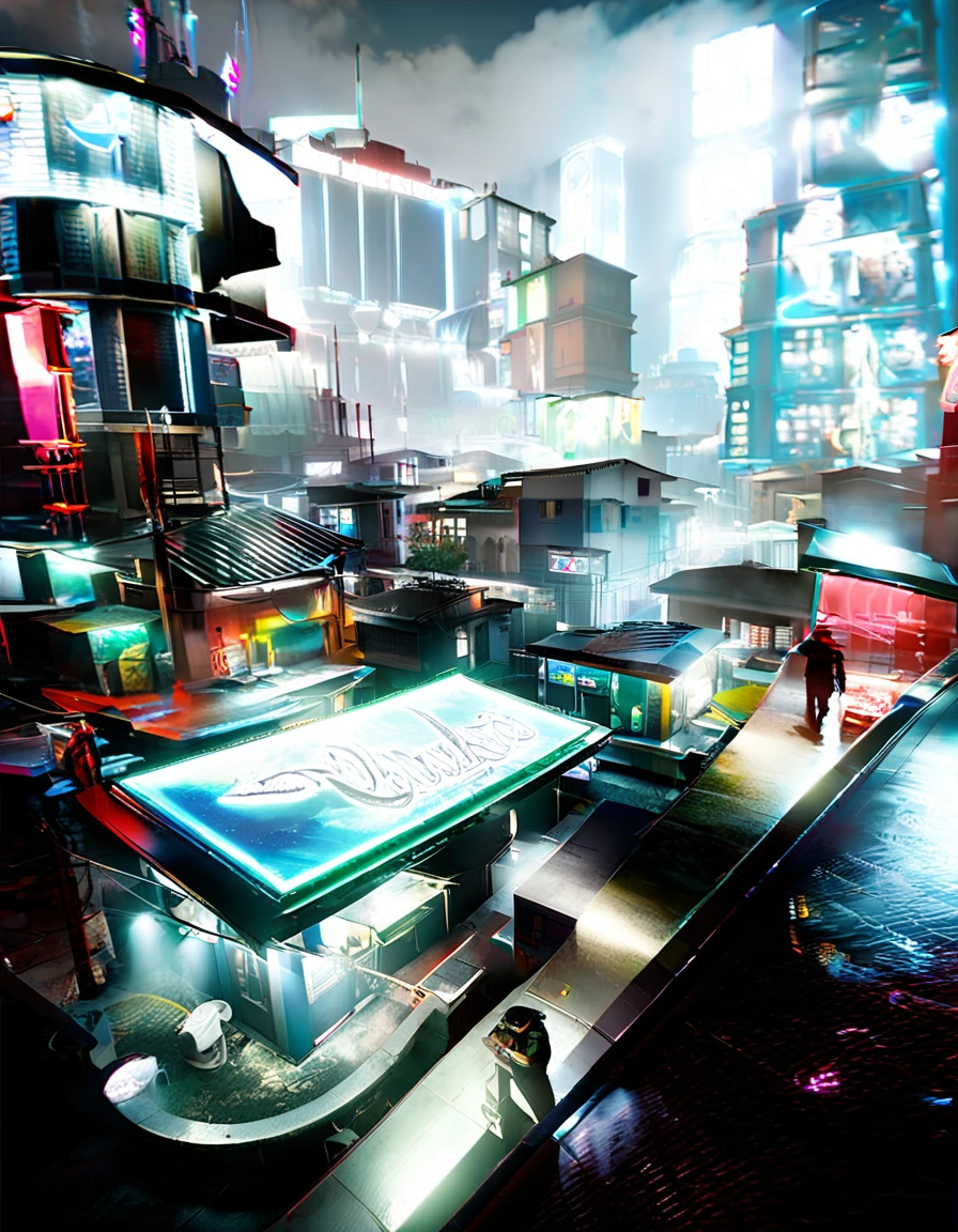 Studio、There is an aquarium in the room、a man talking on a cell phone in a city at night with neon signs and neon lights on the buildings, Artichiero(Italy), unreal engine 4k, screenshot, Photorealism, building, city, cityscape, cyber punk, night, scenery, sign, Skyscraper, 