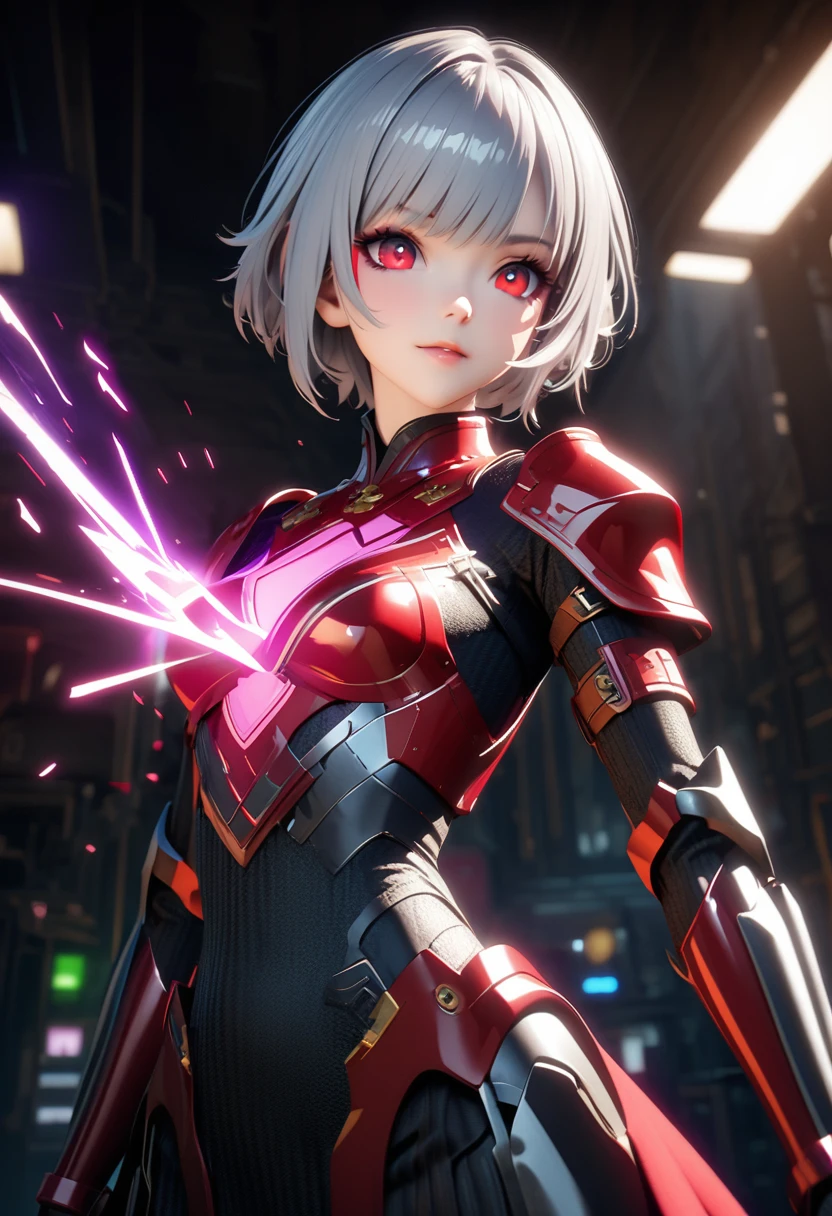 masterpiece,Game Art,Best picture quality,Maximum resolution,8K,(Upper Body),Unreal Engine 5 rendering works,(Digital Photography),((Upper BodyFeature:1.5)), 20 year old girl,Short hair details,Long bangs,(The red eye makeup is carefully applied),(With long gray hair:1.4),(Small breasts),Elegance and nobility,Brave and charming, (Standing dynamic posture),(The future armor combines the characteristics of Chinese armor,hollow-carved design,Power Armor,Mysterious oriental runes,Exquisite clothing patterns,Magic Flash),Future Warrior,Cyberpunk Characters,War Background, light，Ray Tracing，Game CG，((3D Unreal Engine))，OC rendering reflection mode