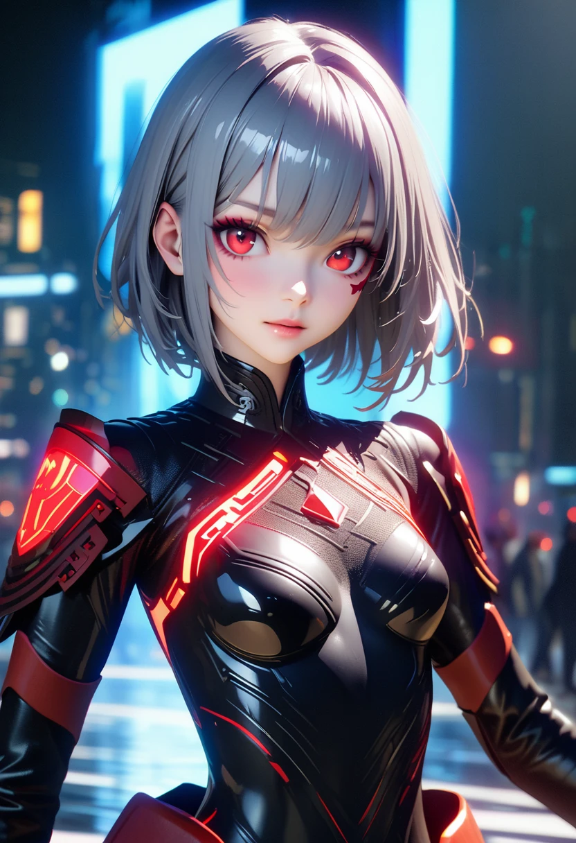 masterpiece,Game Art,Best picture quality,Maximum resolution,8K,(Upper Body),Unreal Engine 5 rendering works,(Digital Photography),((Upper BodyFeature:1.5)), 20 year old girl,Short hair details,Long bangs,(The red eye makeup is carefully applied),(With long gray hair:1.4),(Small breasts),Elegance and nobility,Brave and charming, (Standing dynamic posture),(The future armor combines the characteristics of Chinese armor,hollow-carved design,Power Armor,Mysterious oriental runes,Exquisite clothing patterns,Magic Flash),Future Warrior,Cyberpunk Characters,War Background, light,Ray Tracing,Game CG,((3D Unreal Engine)),OC rendering reflection mode