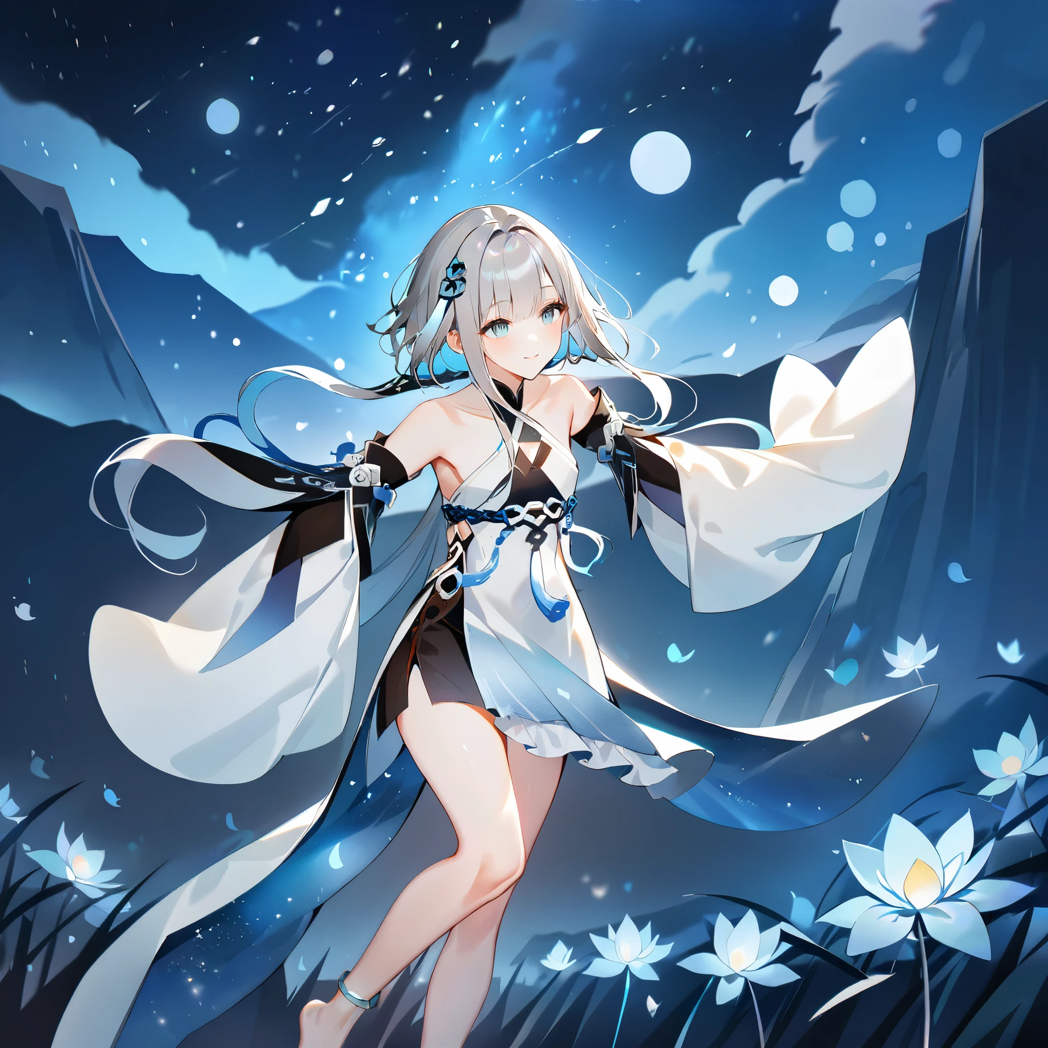 score_9, score_8_up, score_7_up, score_6_up,1girl, guizhong_\(genshin_impact\),(grey hair),short_hair_with_long_locks in front and low ponytail in back,gradient_hair,(pale grey eyes with seafoam gradient),starry_sky_print,detached_sleeves white outside blue starry inside, hands completely hidden by long sleeves,stunning field of softly glowing cerulean and white glaze lilies,night scene,gentle smile,face focus, eye focus,ladyshadow,moonlight,glossy lips,vivid anime coloring,cel shading,smooth, soft dreamy focus,anklet,halter_top,white clothes,highly detailed,digital painting,bare_shoulders,barefoot,cool night tones, magical night scene,bokeh, professional,anemo colored fireflies,nebula of stardust and silvery vapor,harmonious blend of nature and art,transcendent beauty,awe-inspiring artwork,(best quality,4k,8k,highres,masterpiece:1.2),yunamaro,carnelian,dsmile,cosmic stardust,guizhong, guizhong's def clothes, 1girl, long hair, blue eyes, barefoot, guizhong's dress, hair ornament, chinese clothes, sleeves past fingers,