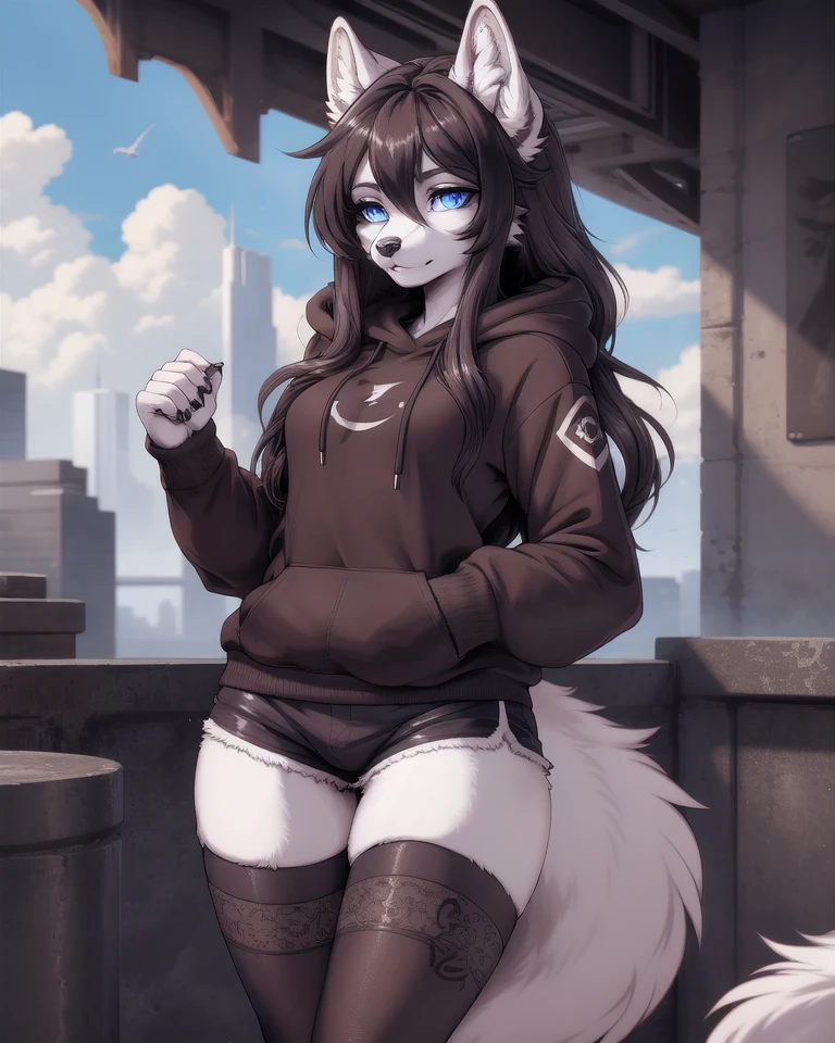 a (fluffy anthro furry) wolf girl with a slender figure and sky blue eyes wearing a blue hoodie black shorts and black thigh highs highly detailed, finely drawn, anime style, sfw, detailed remarkable eyes
BREAK
(stylized Anime artwork, (brown outline), a1 pictures style), detailed, masterpiece, best quality, detailed background