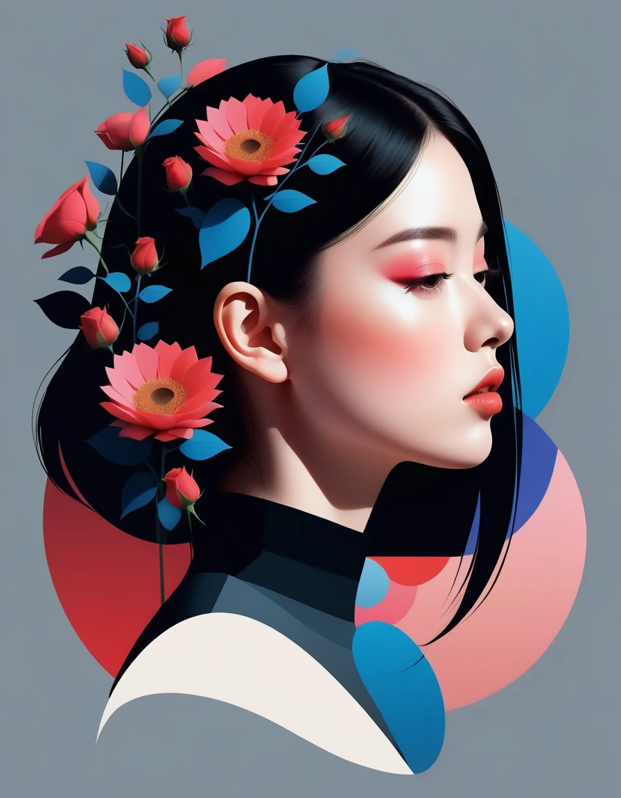 (((Vector,flat form style,illustration,digital art illustration))),1 girl made with big blocks of geomatric shapes like sphere, semi circle, square and recatngles, double exposure,minimal,unique,pretty face,profile,portrait,Shoulder,Black high neck,Geometric Gradients,artistic conception,Abstract,Minimalism,minimalist lines,portrait,blue flower, flower, Gradient, Gradient background, grey background, pink flower, red flower, red rose, rose, solo, sunflower
