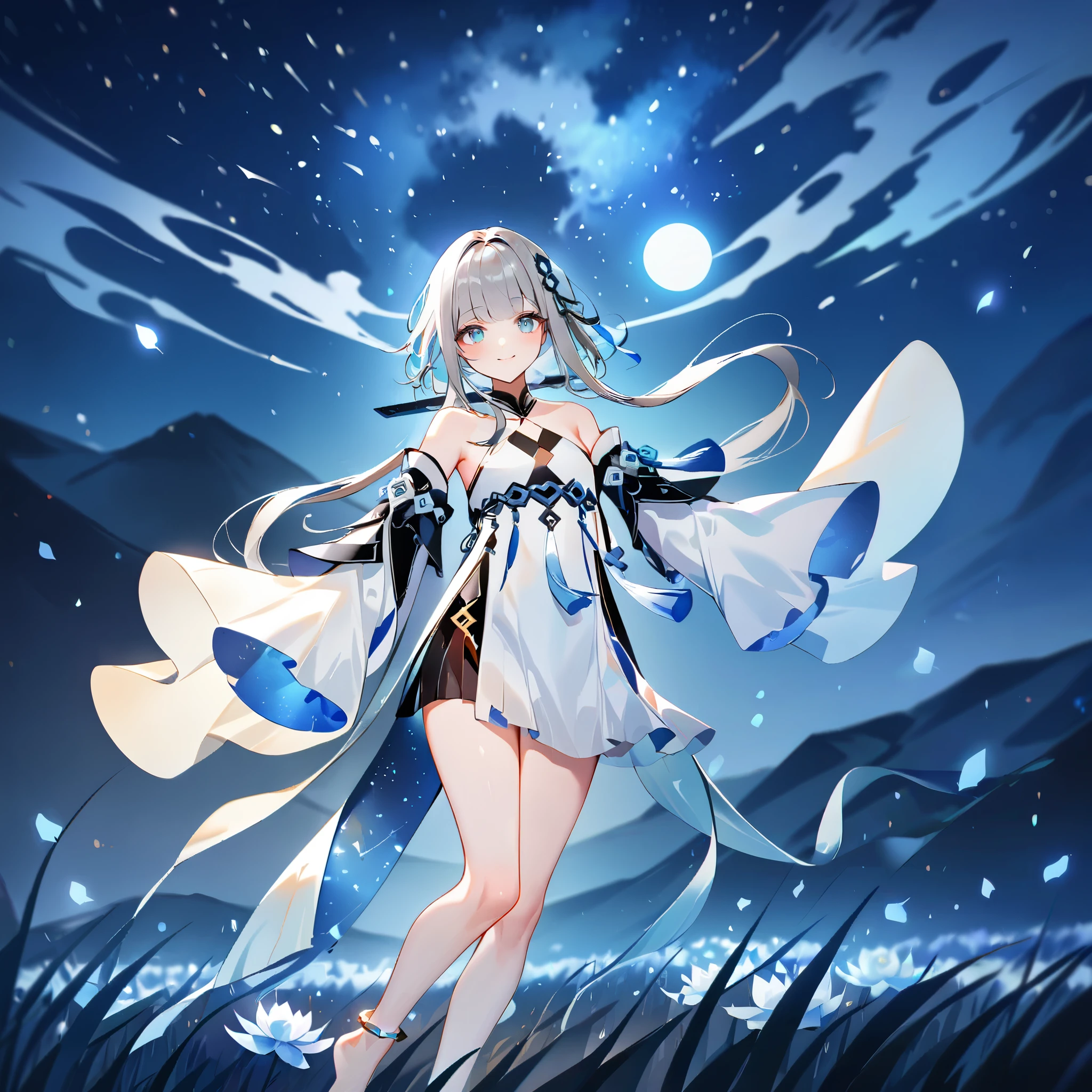 score_9, score_8_up, score_7_up, score_6_up,1girl, guizhong_\(genshin_impact\),(grey hair),short_hair_with_long_locks in front and low ponytail in back,gradient_hair,(pale grey eyes with seafoam gradient),starry_sky_print,detached_sleeves white outside blue starry inside, hands completely hidden by long sleeves,stunning field of softly glowing cerulean and white glaze lilies,night scene,gentle smile,face focus, eye focus,ladyshadow,moonlight,glossy lips,vivid anime coloring,cel shading,smooth, soft dreamy focus,anklet,halter_top,white clothes,highly detailed,digital painting,bare_shoulders,barefoot,cool night tones, magical night scene,bokeh, professional,anemo colored fireflies,nebula of stardust and silvery vapor,harmonious blend of nature and art,transcendent beauty,awe-inspiring artwork,(best quality,4k,8k,highres,masterpiece:1.2),yunamaro,carnelian,dsmile,cosmic stardust,guizhong, guizhong's def clothes, 1girl, long hair, blue eyes, barefoot, guizhong's dress, hair ornament, chinese clothes, sleeves past fingers,