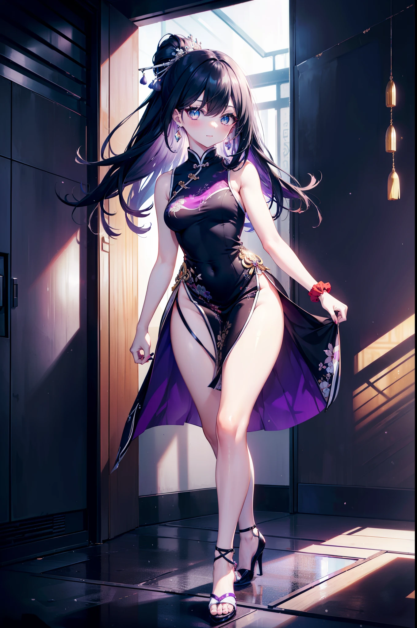 Takada Rokka, rich back lane, Black Hair, blue eyes, Long Hair, List scrunchie,smile,blush,Sleeveless purple white Chinese dress,Long slit,Black pantyhose,Stiletto heels,Walking,
break looking at viewer, whole body, 　　　　　　　　break indoors, Chinese style room,　　　　　　　　　　 　　　break (masterpiece:1.2), Highest quality, High resolution, unity 8k wallpaper, (shape:0.8), (Beautiful and beautiful eyes:1.6), Highly detailed face, Perfect lighting, Highly detailed CG, (Perfect hands, Perfect Anatomy),