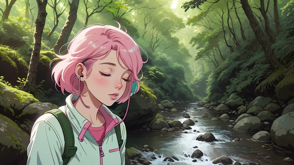 outdoorsy girl fashion, earphone, LOFI Retro, stylish, 1980s, nature, river, forest, Yakushima forest, morning, beautiful pink bob hair woman in her 20s, close your eyes, white skin, upper body