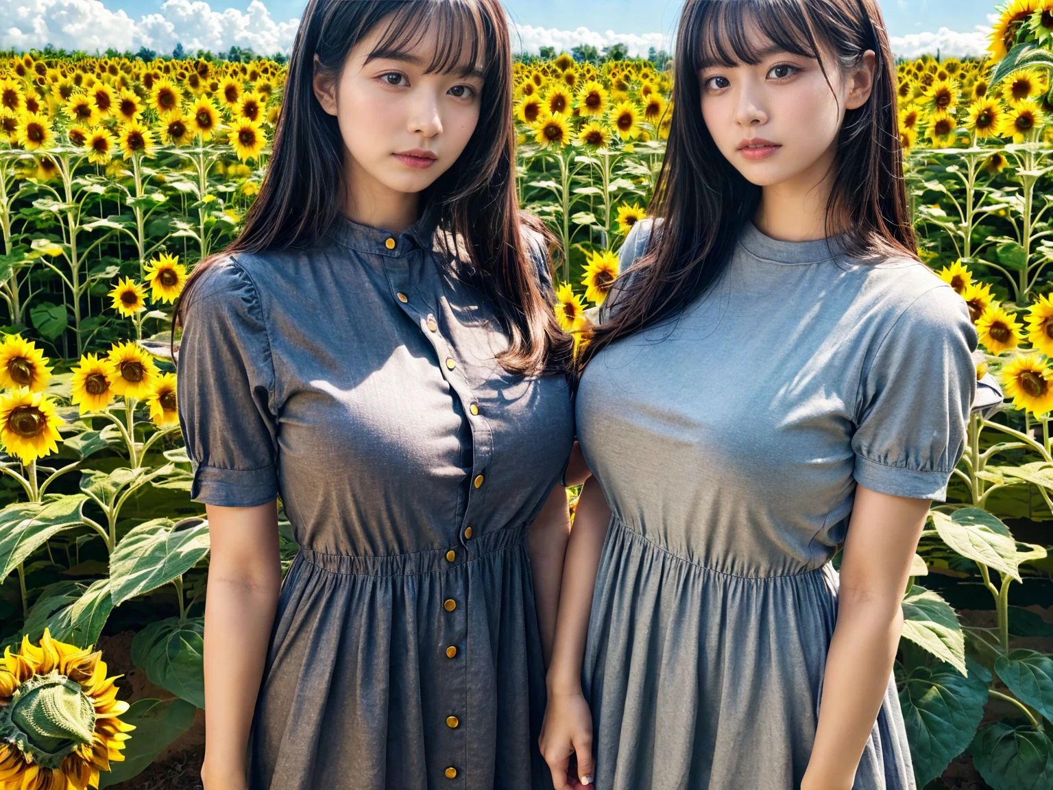 (8K, RAW Photos, Highest quality, masterpiece:1.2), (professional photography, full colors, studio-caliber color grading), (Gravure quality for high-end fashion magazines), close up, (2 girls), BREAK,18 year old girl, (straight hair:1.1), crying a little, Harajuku style, Big Natural Color Lip, (Plumpy body (smooth skin.1 (huge breasts BREAK (((casual dress.3)), BREAK (Sunflower field background)、
