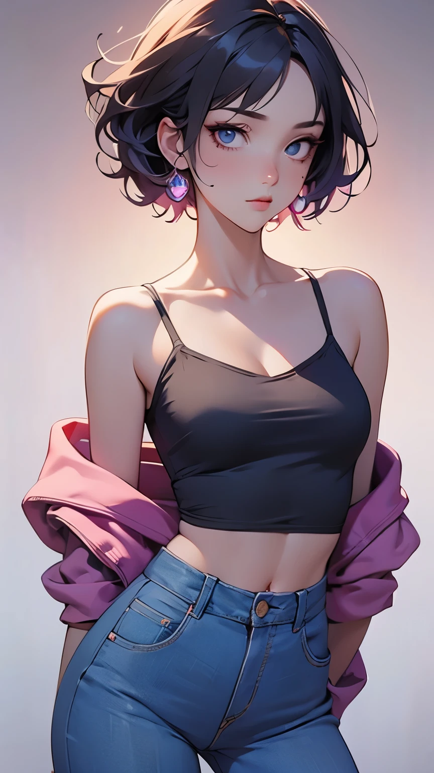 Thin-strap camisole, hot pants, pink thin clothes, slimming look, short curly black hair, detailed eyes, detailed face, detailed skin, sidelong glance, narrow eyes, gentle expression, casual background, mole under eye,