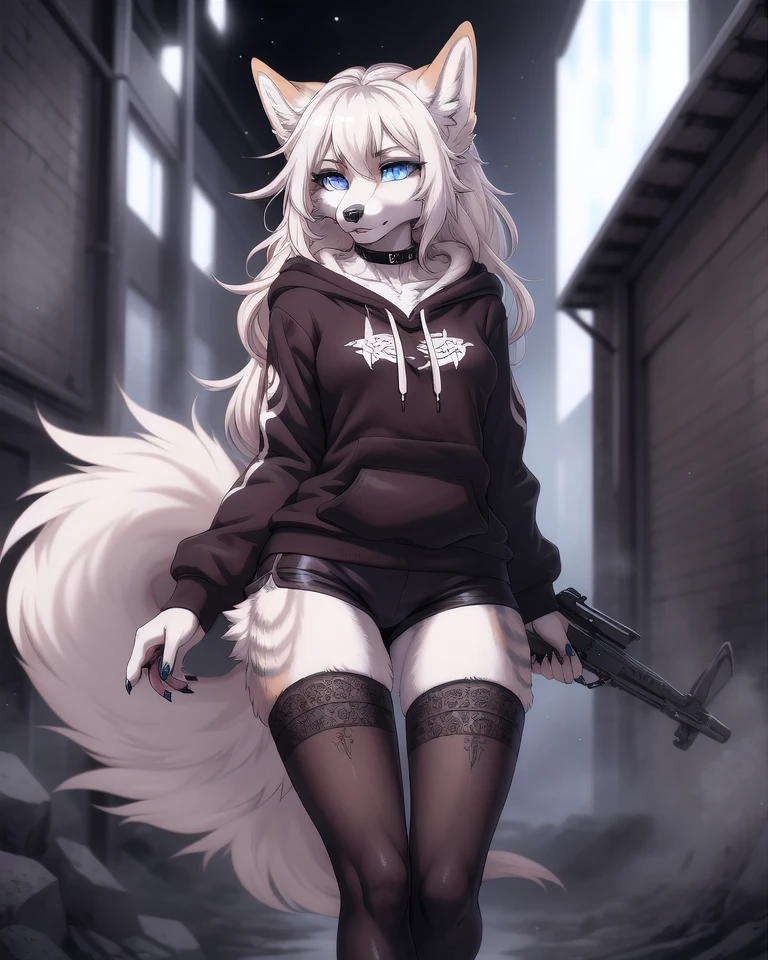 a (fluffy anthro furry) wolf girl with a slender figure and sky blue eyes wearing a blue hoodie black shorts and black thigh highs highly detailed, finely drawn, anime style, sfw, detailed remarkable eyes
BREAK
(stylized Anime artwork, (brown outline), a1 pictures style), detailed, masterpiece, best quality, detailed background