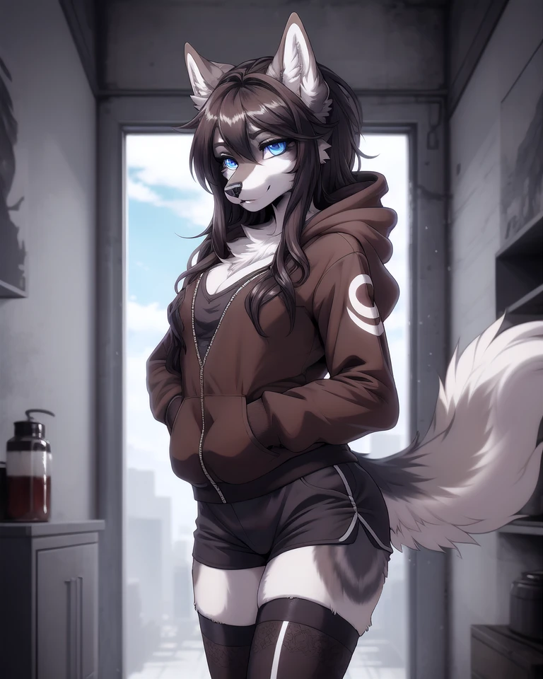 a (fluffy anthro furry) wolf girl with a slender figure and sky blue eyes wearing a blue hoodie black shorts and black thigh highs highly detailed, finely drawn, anime style, sfw, detailed remarkable eyes
BREAK
(stylized Anime artwork, (brown outline), a1 pictures style), detailed, masterpiece, best quality, detailed background