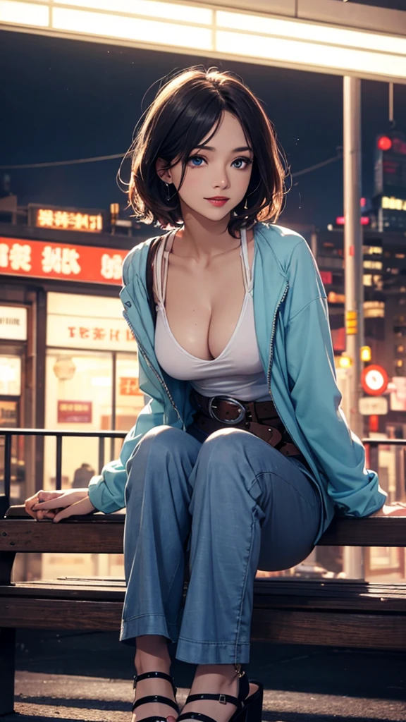 Top quality, realistic, angle from below, city at night, neon lights, backlit, (1 adult woman), small breasts, close-up of lips, short hair, blowing in the wind, shiny red lips, closed mouth, blue topaz eyes, slanted eyes, smiling, cleavage, sitting on bench, legs apart, hands touching lips, nylon jacket, loose-fitting T-shirt with fine pattern, loose nylon pants, belt, high heel sandals,