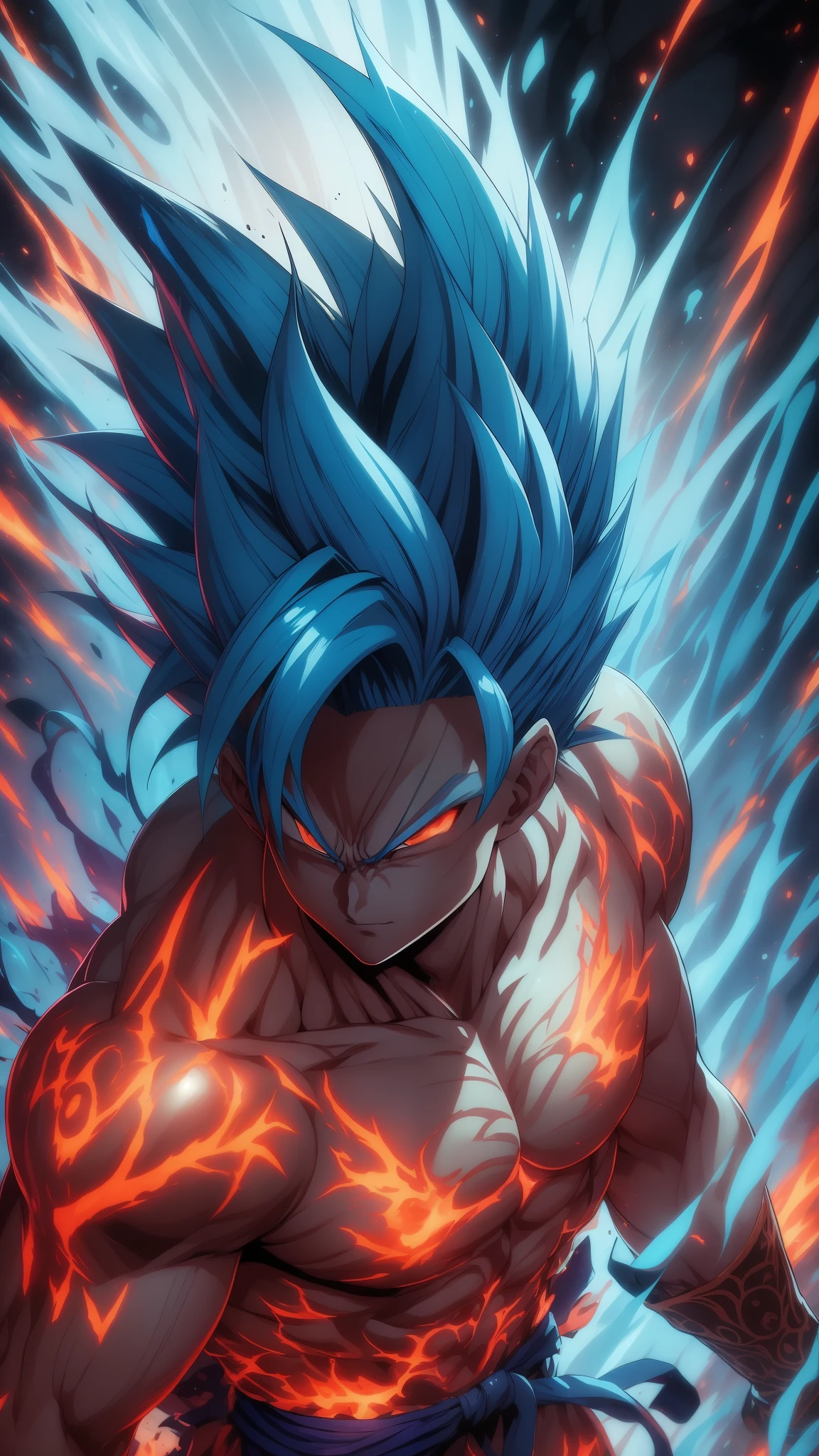 "Get ready for a visual feast,Goten has a handsome face and sharp red eyes, Glowing blue hair and tattoos, Well-proportioned portraits and landscapes, And perfect figure. In his transformed state, He exudes extreme instinct and strength, Create an epic animation about this energetic man. The flames and lava in this stunning anime artwork will amaze you. This concept art comes straight from the universe, Comic-style 8k wallpapers will take you into another dimension. Get ready to be wowed by this beautiful piece of digital anime art, Showcasing the ultimate combination of style and power.''