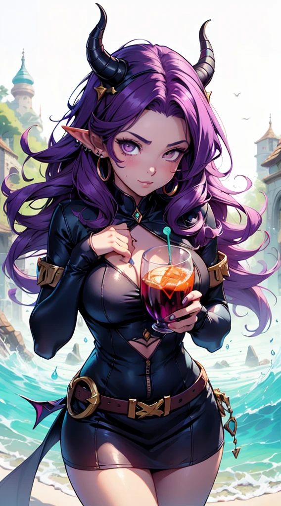 anime girl with purple hair and piercings drinking from a cup, commission for high res, elf girl, anime girl drinks energy drink, succubus in sundress portrait, oc commission, morrigan, morgana from league of legends, commission for, full color illustration, full color digital illustration, tiefling from d & d, fully colored, full colored, tiefling