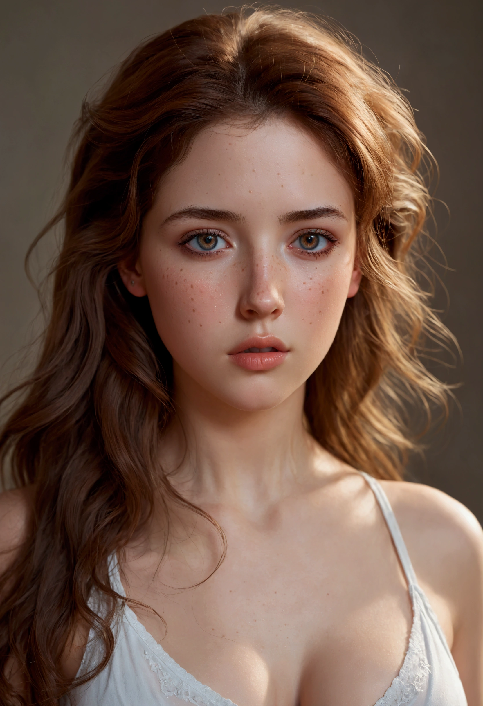 ultra realistic, photography,19 years old, , slender build with a youthful, innocent charm. Long, wavy brown hair that frames her delicate features. Wide, doe-like eyes and a button nose. Full, pouty lips. Smooth, unblemished skin with a light dusting of freckles.extremely detailed artgerm, in the style artgerm, small breasts, facing the camera, lens 35 mm, blur background,