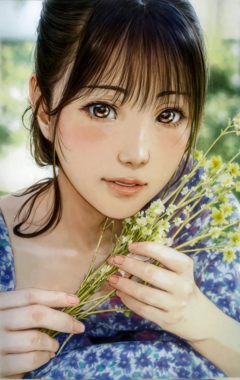 manga style, a close up of a woman holding a bunch of flowers, kimi takemura, Yoshitomo Nara, sakimichan, Chiho, close up iwakura lain, by Tadashi Nakayama, shiori teshirogi, Yasumoto Oka, Chiho ashima, deayami kojima, small face, kawaii, cute girl, brown hair, cute,