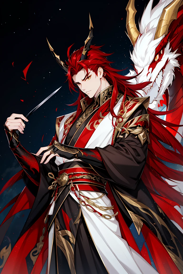 Dragon man, wearing a black Hanfu with red dragon details and a gold trim on the outer garment highlighting the aura of a leader, long sword, golden dragon eyes, long white hair, a half-dragon human with golden horns, night, starry sky, illuminated by red moonlight, Asian architecture, best quality, 16k, masterpiece, manhua character.