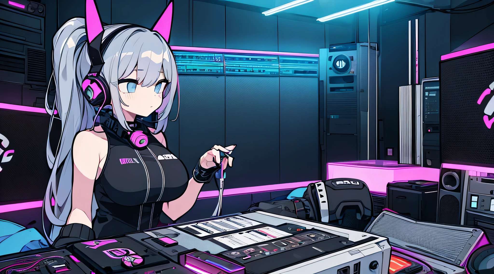 Best quality, (masterpiece), best detail face,1 girl, big breasts, 18 yo, 8k,absurdres,unity 8k wall paper,(extremely detailed:1.3), highest realistic, (retro headphones:), (soft neon light:), (psychedelic), Her room full of music equipment and records, sports wear , See the whole room , dark grey color pallet, silver hair, pony tail hair