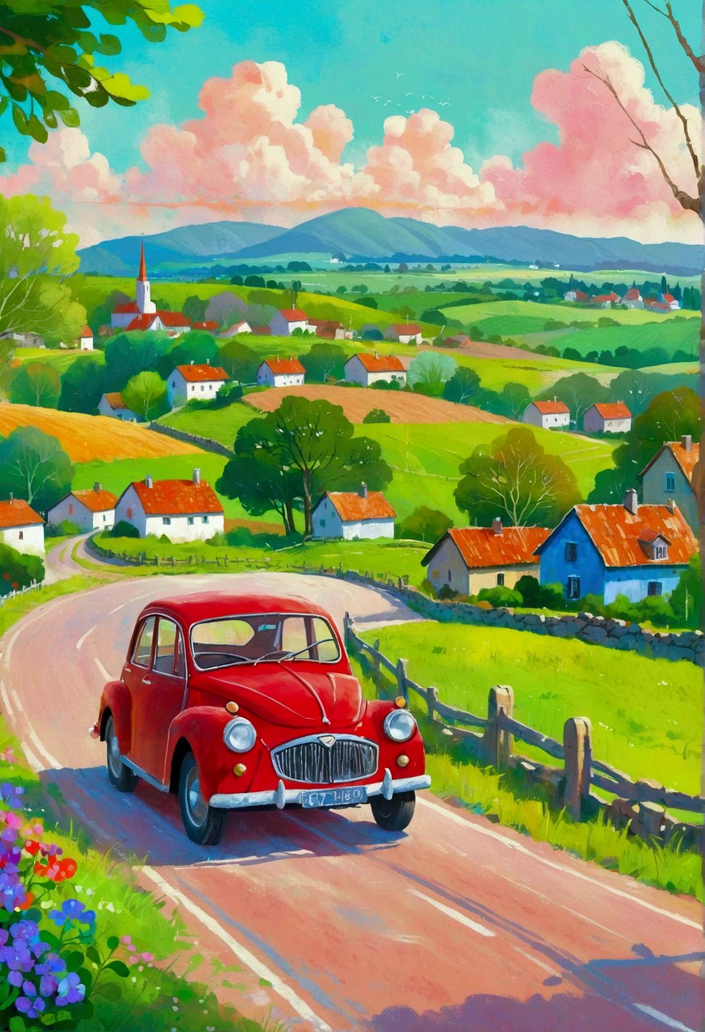 Painting of a blue car driving along a country road，A village in the background, Einmon（Do the Immun）A detailed painting of, Shutterstock competition winner, Childish Art, Hand drawn cartoon art style, countryside city scene, Vibrant gouache landscape, Landscape Artwork, A beautiful artistic illustration,  In the country, Stylized digital illustration