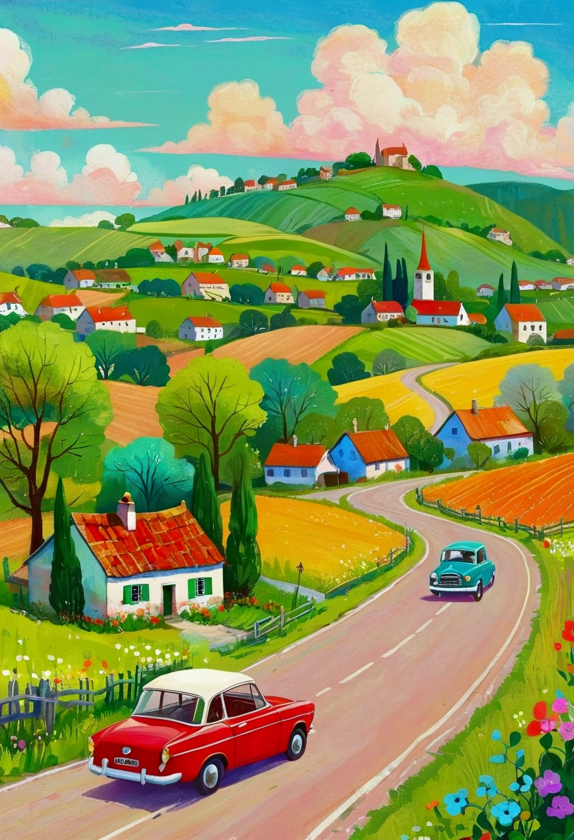 Childish Art，Pastel Art：A red car driving along a country road，A village in the background, Einmon（Do the Immun）A detailed painting of, Shutterstock competition winner, Childish Art, Hand drawn cartoon art style, countryside city scene, Vibrant gouache landscape, Landscape Artwork, A beautiful artistic illustration,  In the country, Stylized digital illustration