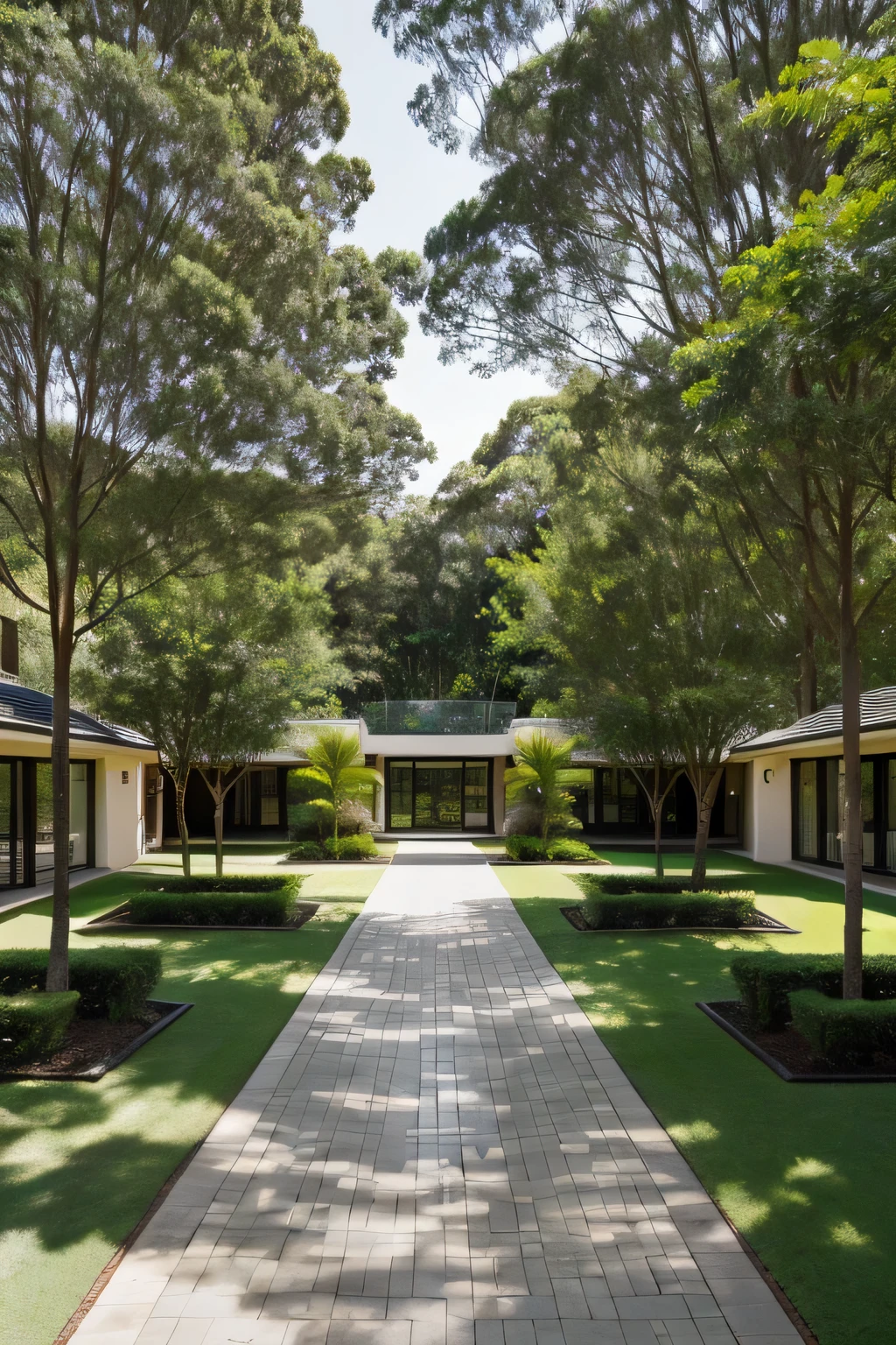 A serene Australian retirement community nestled amidst lush greenery. There is a large parking lot and parked cars. Low-rise, modern buildings with expansive glass facades overlook a tranquil courtyard featuring a cascading water feature. Green carpeted walkways wind through the community, blending seamlessly with the natural surroundings. The buildings offer breathtaking views of the bustling city skyline. Low pine trees create a natural border around the property. 8K, hyperrealistic, detailed, best quality., The roof is gray, clearly visible to the houses behind
