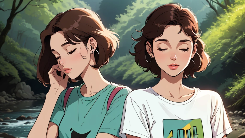 t-shirts fashion, earphone, LOFI Retro, stylish, 1980s, nature, river, forest, Yakushima forest, morning, beautiful dark brown bob hair woman in her 20s, close your eyes, white skin, upper body