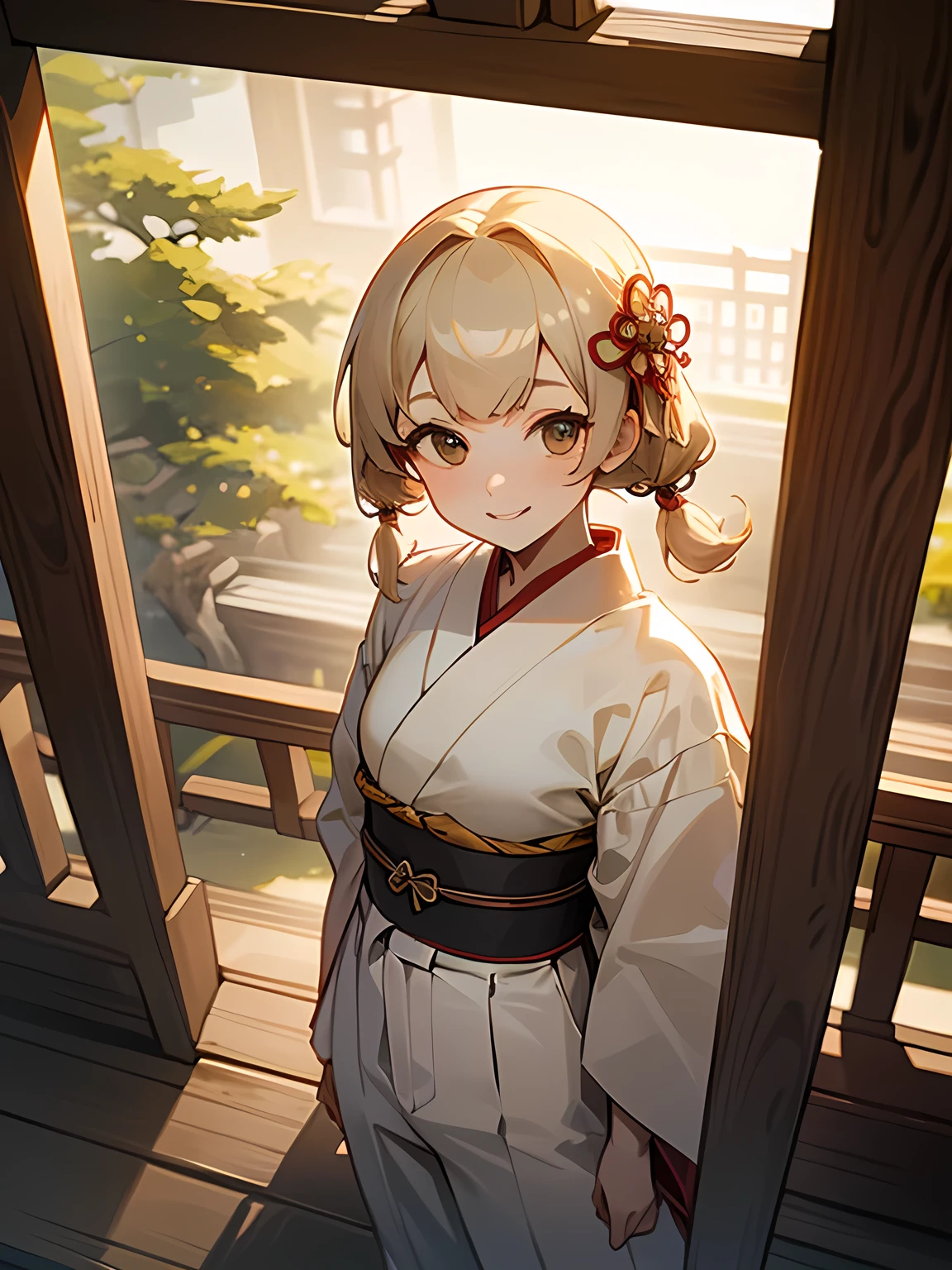 from above:1.3,((I am the main character)), model pose,solo, upperbody, beige hair color, asymmetrical bangs, long sideburns, white Japanese clothes, Japanese-style white mini pants, smile, ribbon hair ornament, evening, Japanese shrine, precincts
