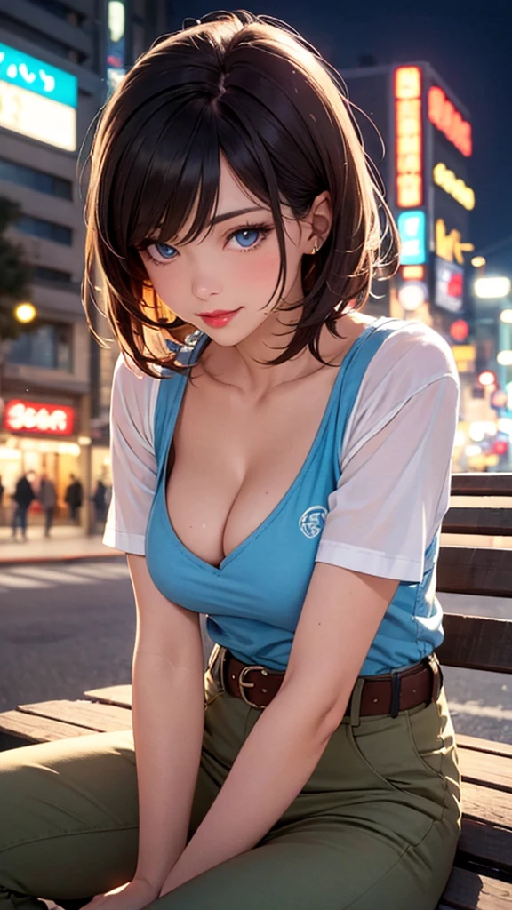 Top quality, realistic, angle from below, city at night, neon lights, backlit, (1 adult female), (small ), close-up of lips, short hair, blowing in the wind, shiny red lips, closed mouth, blue topaz eyes, slanted eyes, smiling, cleavage, sitting on bench, hand touching lips, nylon jacket, loose fitting t-shirt with fine pattern, loose nylon pants, belt, high heel sandals,