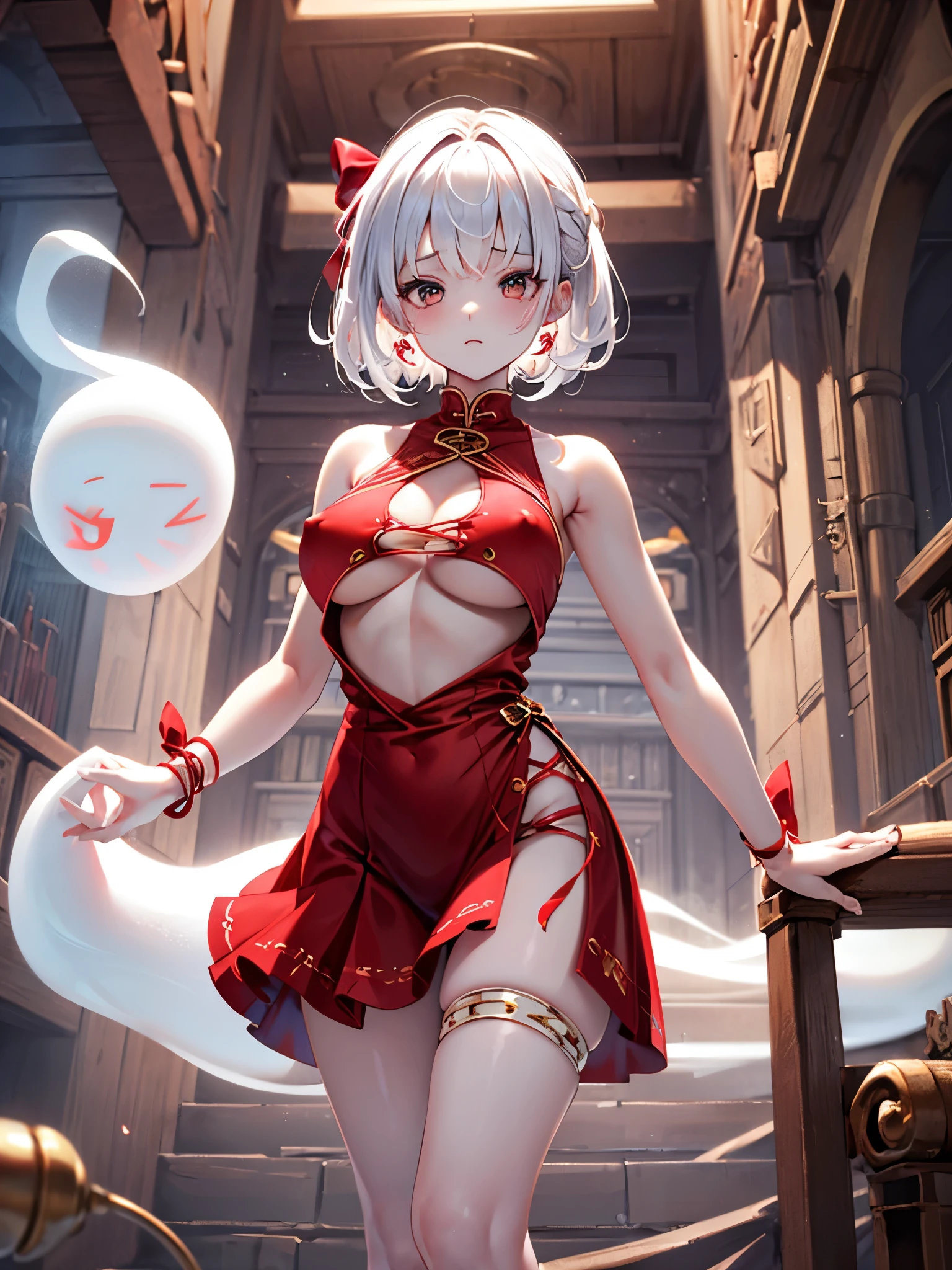 dancer, red dresses doll, showing off, masterpieces, HD, 16K, white hair, white eyes, red rope, scale up, perfect body shape, ghost, spirit, children, , cute, spiral, red ribbon, Violence lolita, undebs, sexy, mind break, dumb, pussy, nipples, observation, nerd