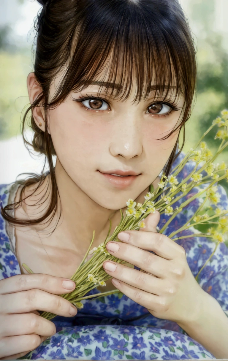 manga style, a close up of a woman holding a bunch of flowers, kimi takemura, Yoshitomo Nara, sakimichan, Chiho, close up iwakura lain, by Tadashi Nakayama, shiori teshirogi, Yasumoto Oka, Chiho ashima, deayami kojima, small face, kawaii, cute girl, brown hair, cute,