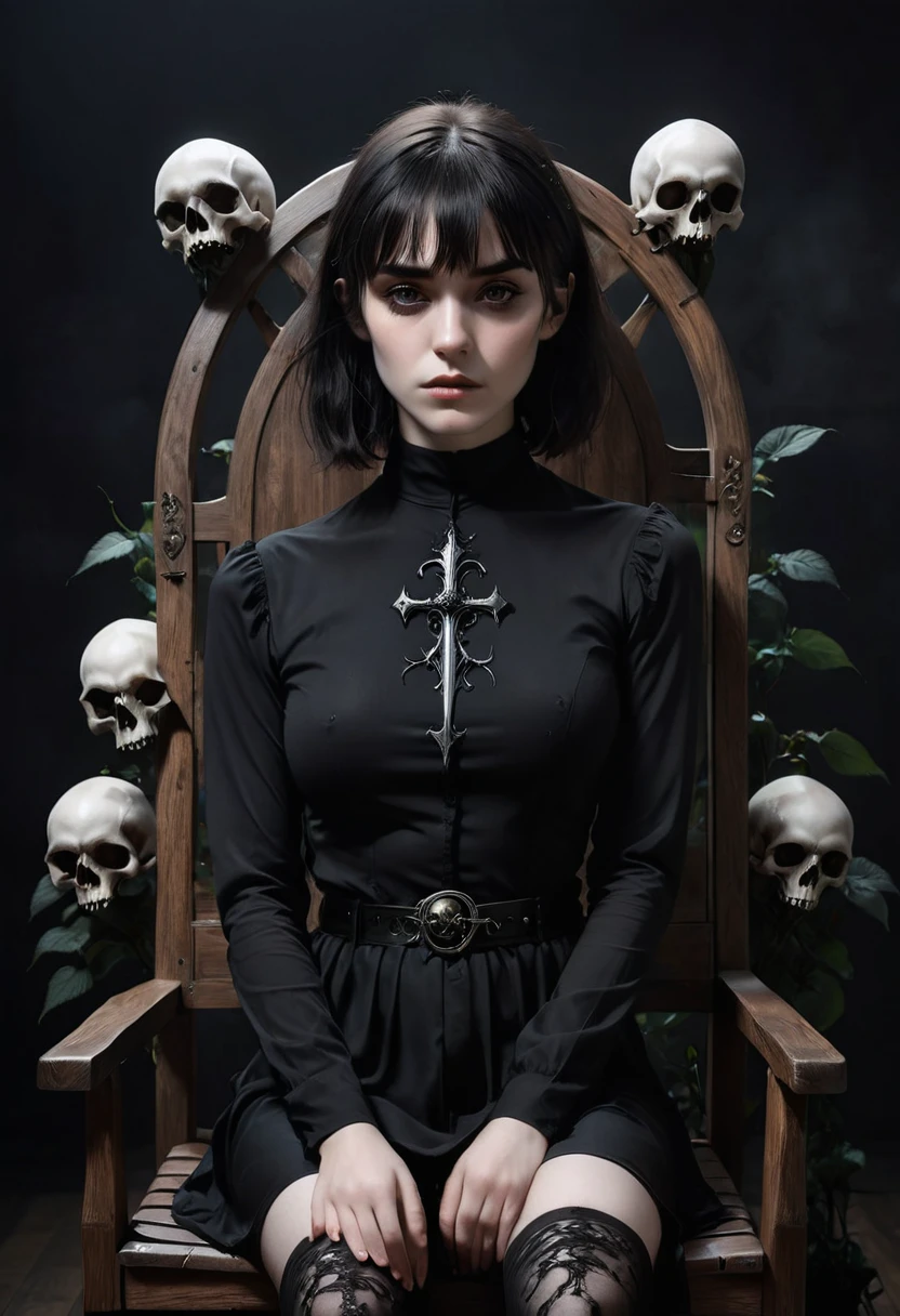 Dark,look close corner face camera , a woman sofia Steinberg face, short hair with bangs pale white skinned wearing long Black shirt blackmetal, pose sit in Wooden chairs, room blackmetal, hold big cat, look above camera , in room blackmetal style steinberg model blackmetal , sad depression funiture skulls swords flowers black Roses poster sticker band mortuary blackmetal background, digital painting, highly detailed, 3D animation, black roses, 