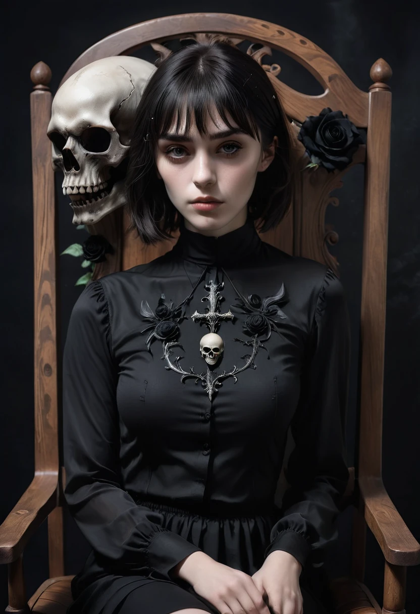 Dark,look close corner face camera , a woman sofia Steinberg face, short hair with bangs pale white skinned wearing long Black shirt blackmetal, pose sit in Wooden chairs, room blackmetal, hold big cat, look above camera , in room blackmetal style steinberg model blackmetal , sad depression funiture skulls swords flowers black Roses poster sticker band mortuary blackmetal background, digital painting, highly detailed, 3D animation, black roses,