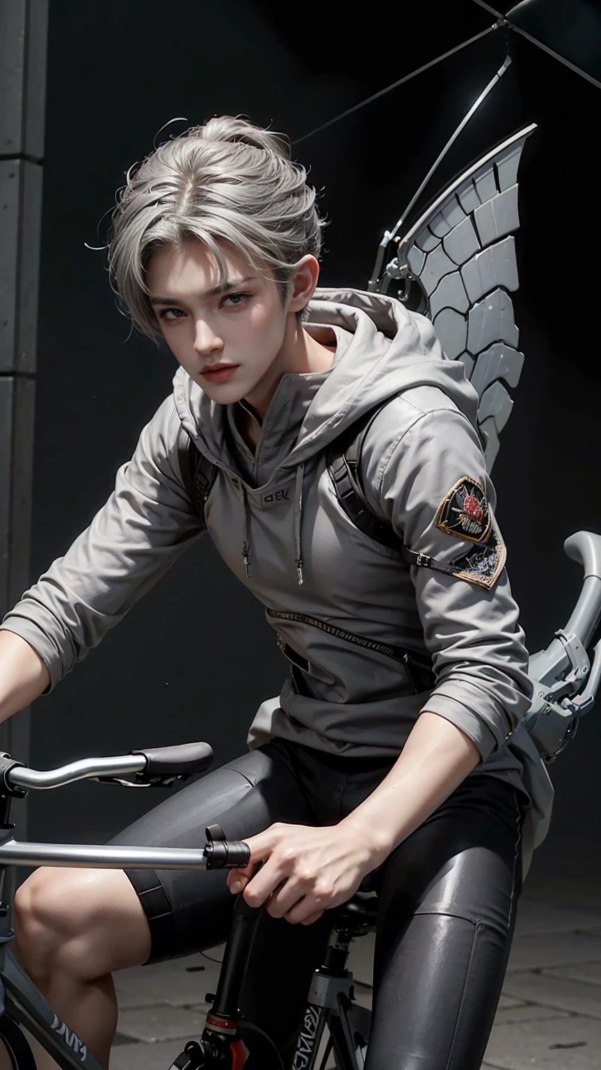masterpiece,Game Art,Best picture quality,Maximum resolution,8K,(Upper Body),Unreal Engine 5 rendering works,(Digital Photography),((Upper BodyFeature:1.5)),(18 year old boy riding a bicycle:1.5),Short hair details,Short bangs,(The red eye makeup is carefully applied),(Has short grey hair:1.4),(Perfect body),Elegance and nobility,Brave and charming,(Grey hooded sweatshirt),student,Male Characters,Alley,light，Ray Tracing，Game CG，((3D Unreal Engine))，OC rendering reflection mode