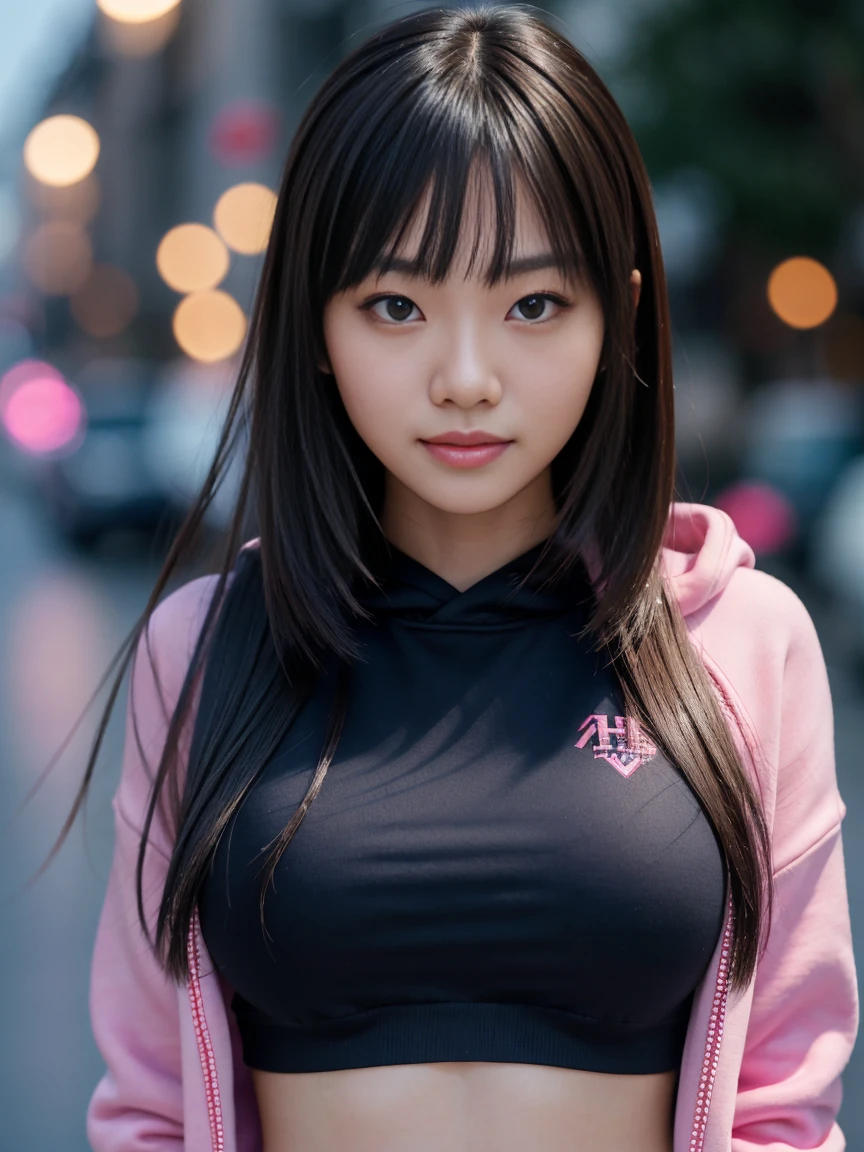 young japanese female model, 20 years old, short height, long brunette hair, super long bangs hairstyle, blue eyes, 16k resolution, highly detailed, Hyperrealism, cinematic lighting, bokeh, masterpiece, UHD, textured skin, super detail, high details, high quality, award winning, best quality, highres, wearing pink underboob hoodie and black leggings, white sneakers, light smile, full body shot,