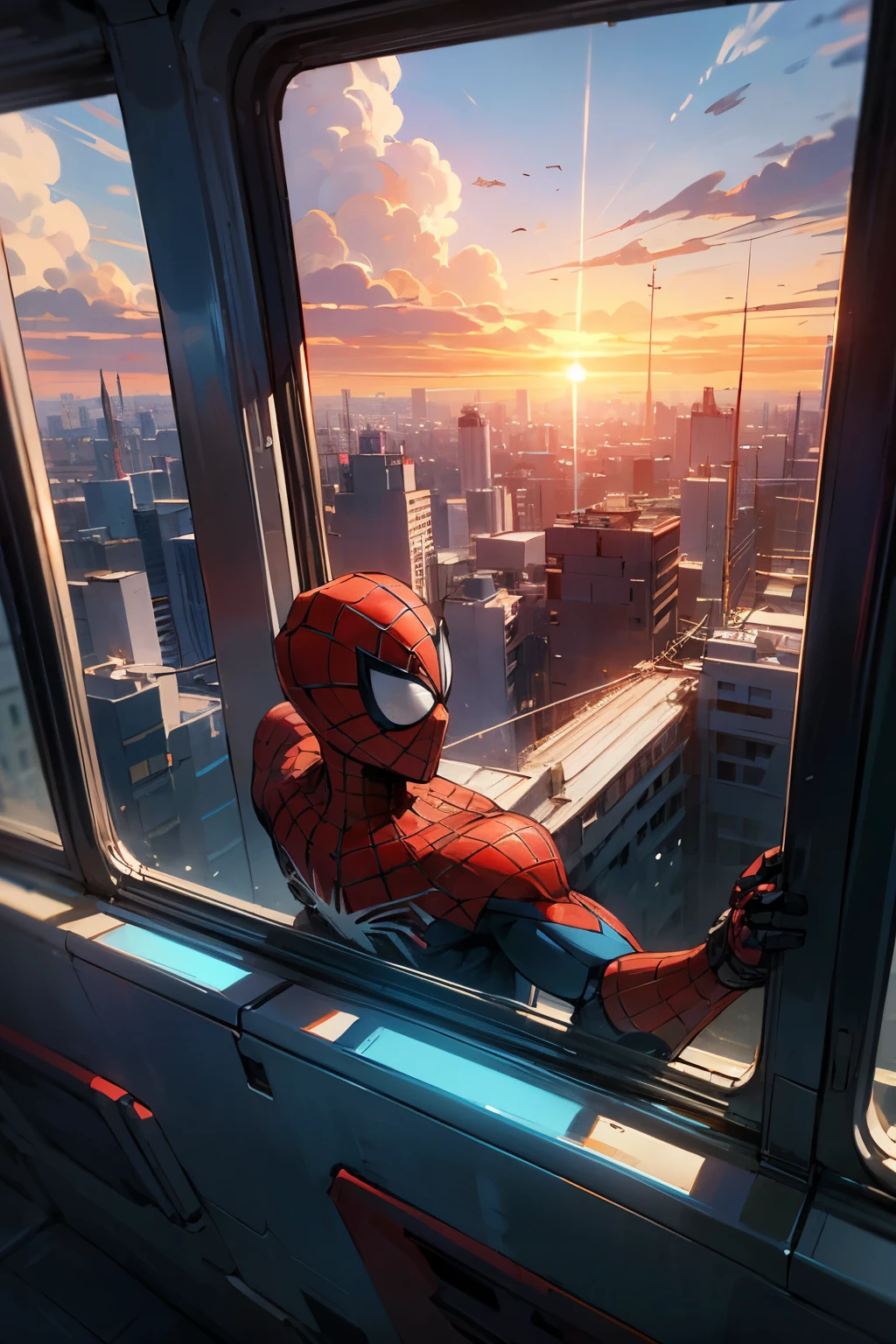 ((best quality)), ((masterpiece)), (detailed), robotic spiderman(full robot costum) is hanging on the building window from the outside 360° view at noon, sunset, plane in tje sky, clouds, galsses builing 