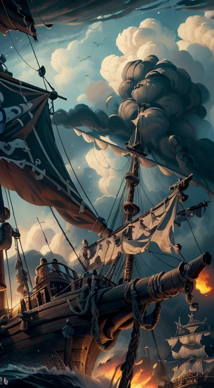 (8k, Highest quality, masterpiece)，Pirate War, Pirates ship war fighting each other, epic pirate battle, cannon fire, pirate ship war, detailed pirate ship, chaotic battle scene, stormy sea, dark clouds, fire and smoke,{Realistic, RAW Photos, Super Fine Clear, Impressionist painting, (Influenced by Impressionist painting:1.1)}, naval battle, Pirate Combat, 