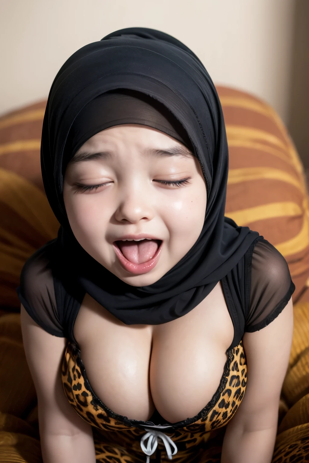 ((SLEEPING BEAUTY)), (SCREAMING ORGASM FACE EXPRESSION:1.3), Chubby adorable, (Corset), 1 girl, (face to face), 10 years old, ((baby face)), happy, half body portrait, (face details: 1), (eye details: 1), ((big breasts)). wearing transparent transparency soft soft, .. Cute posed. proportional body. Ultra High Res. realistic: 1.4, UHD, (leopard pattern), ((Stylish Hijab)),